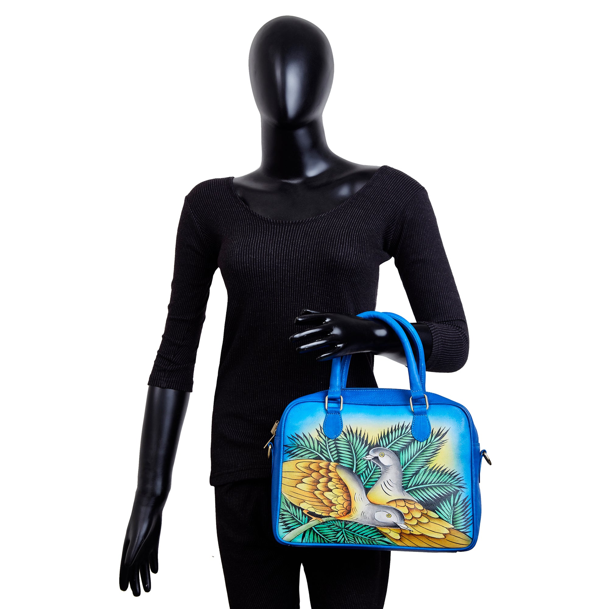 Sishka Hand-Painted Blue Women Leather Handbag – Elegant Bird & Leaf Design, Stylish & Spacious Crossbody Satchel with Removable Strap.