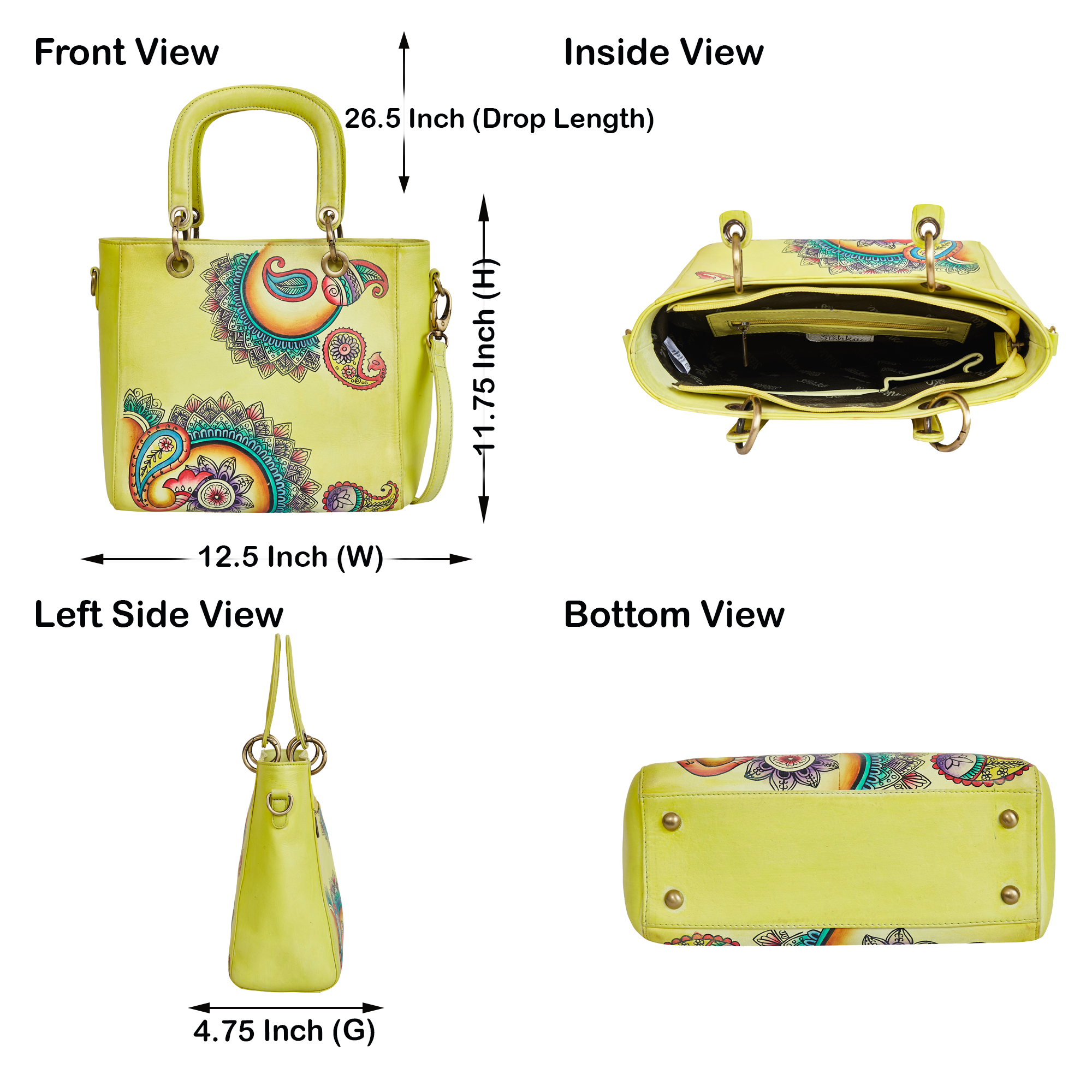 Sishka Leather Hand-Painted Yellow Mandala Handbag – Stylish & Versatile satchel bag for ladies