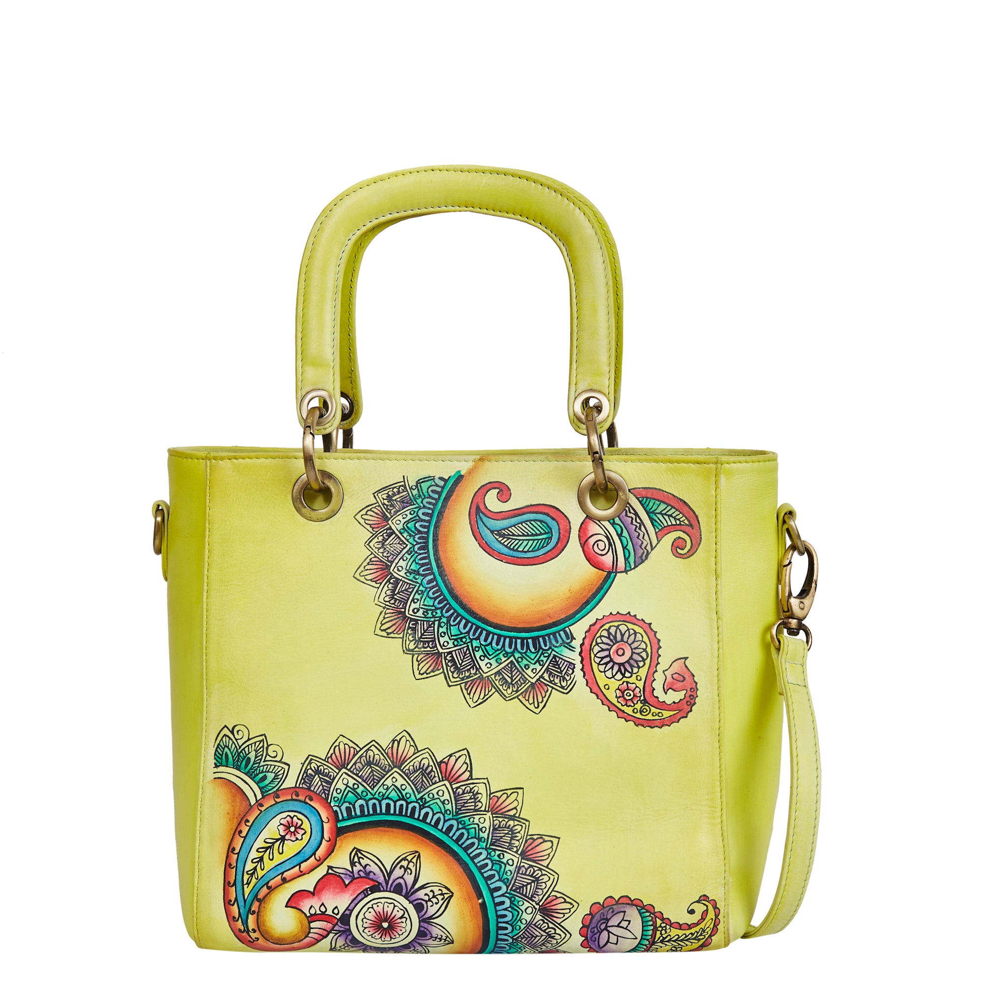 Sishka Leather Hand-Painted Yellow Mandala Handbag – Stylish & Versatile satchel bag for ladies
