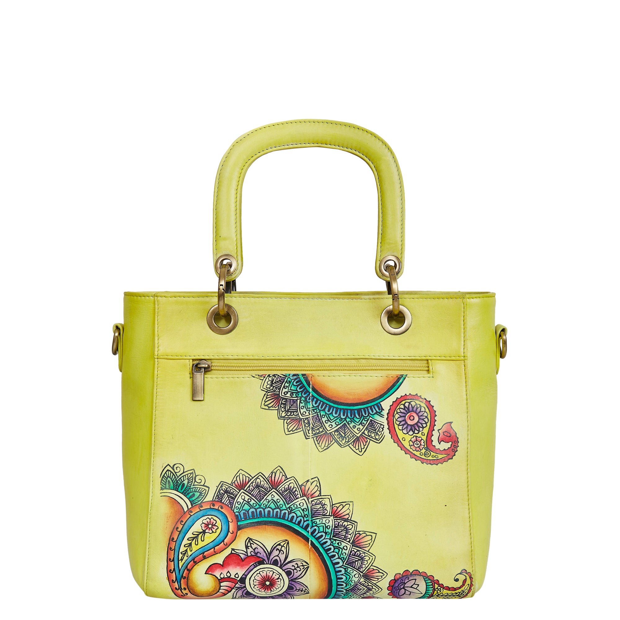 Sishka Leather Hand-Painted Yellow Mandala Handbag – Stylish & Versatile satchel bag for ladies