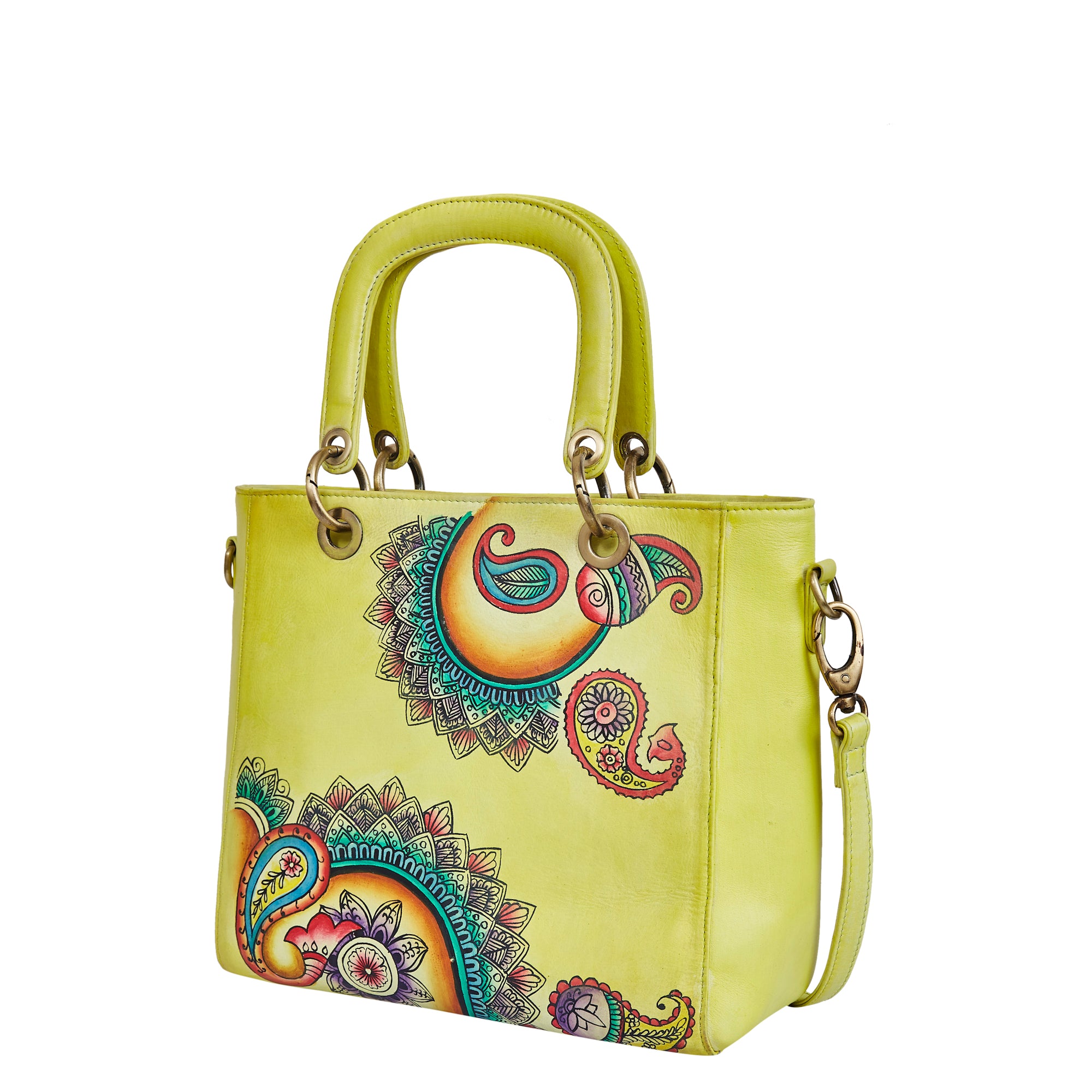 Sishka Leather Hand-Painted Yellow Mandala Handbag – Stylish & Versatile satchel bag for ladies