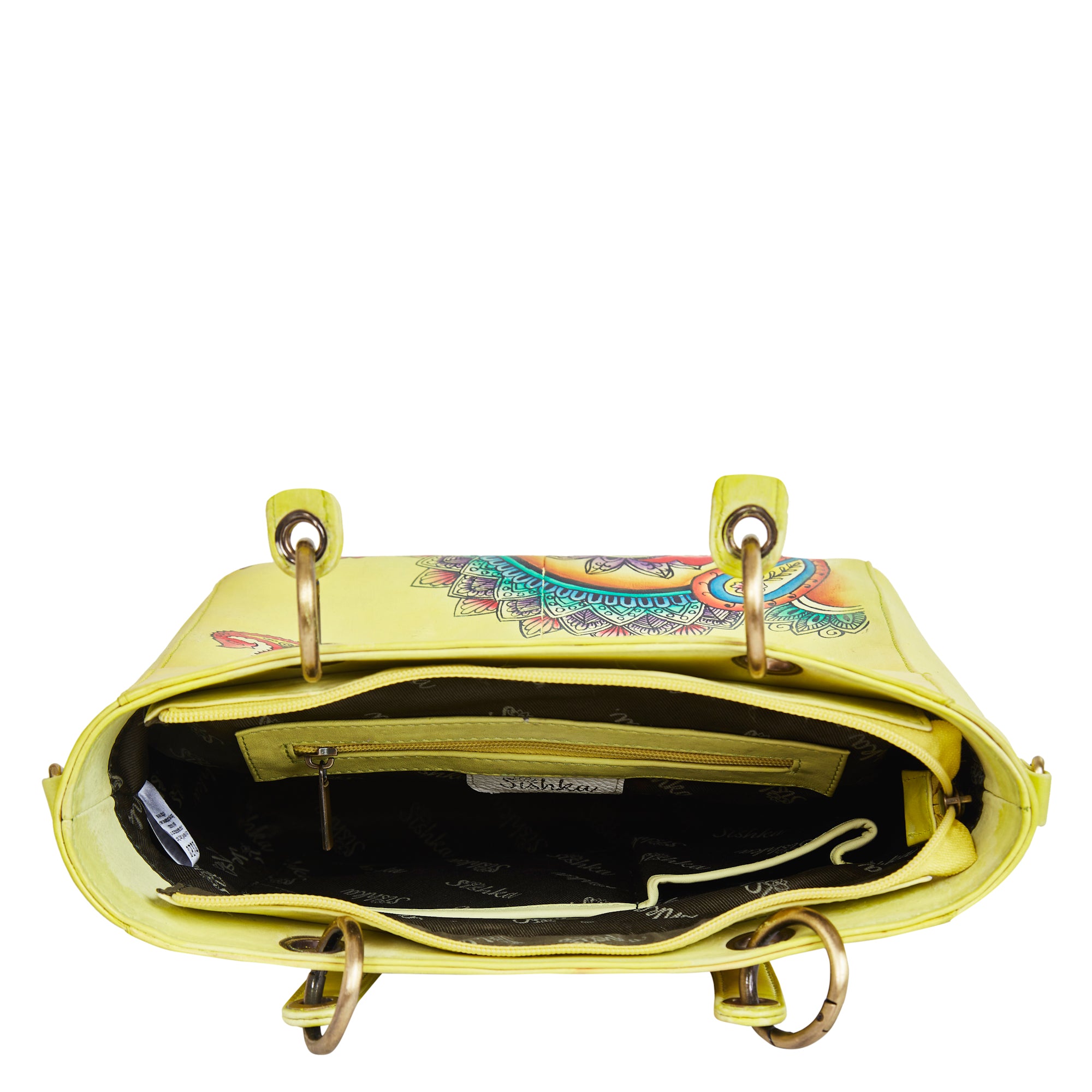 Sishka Leather Hand-Painted Yellow Mandala Handbag – Stylish & Versatile satchel bag for ladies