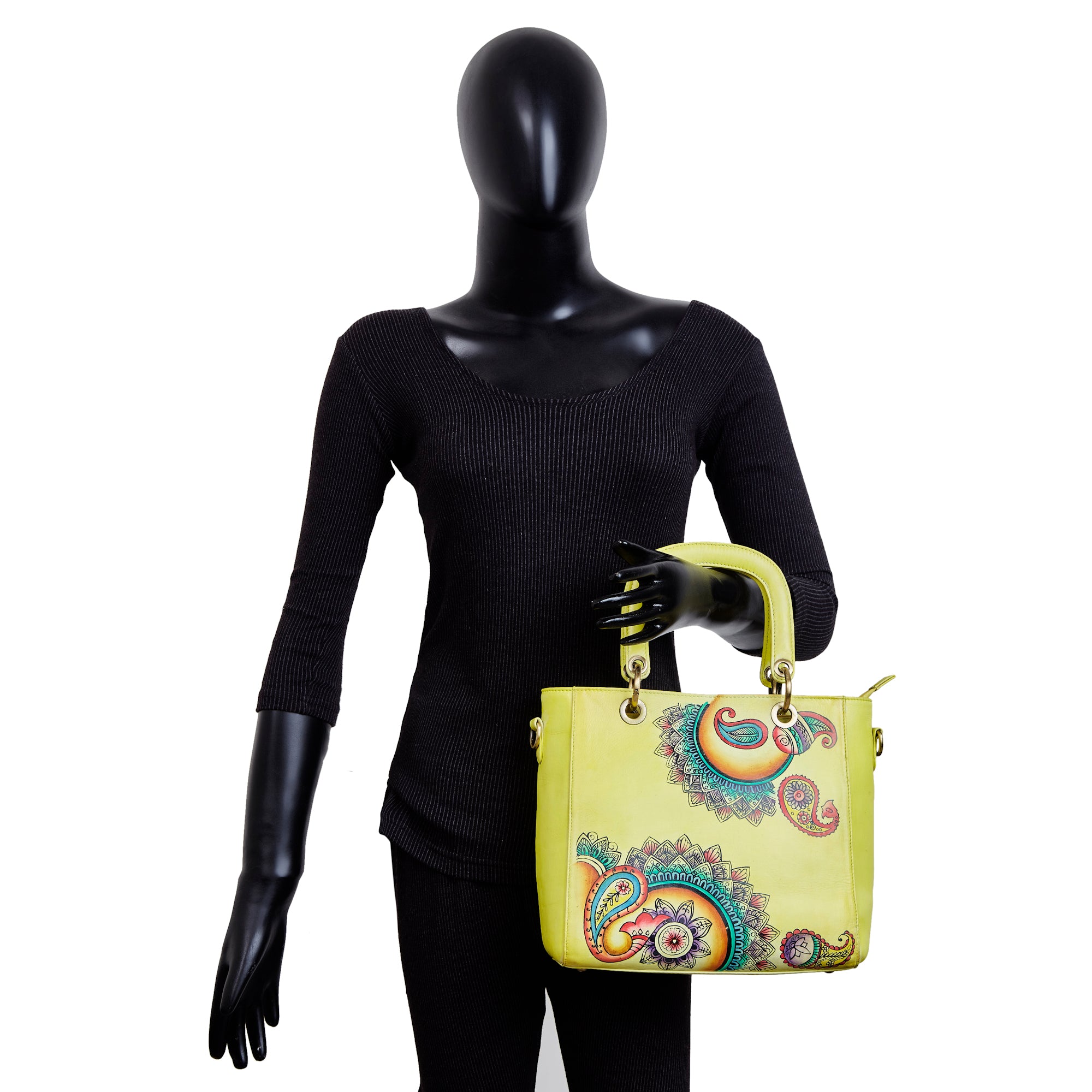 Sishka Leather Hand-Painted Yellow Mandala Handbag – Stylish & Versatile satchel bag for ladies