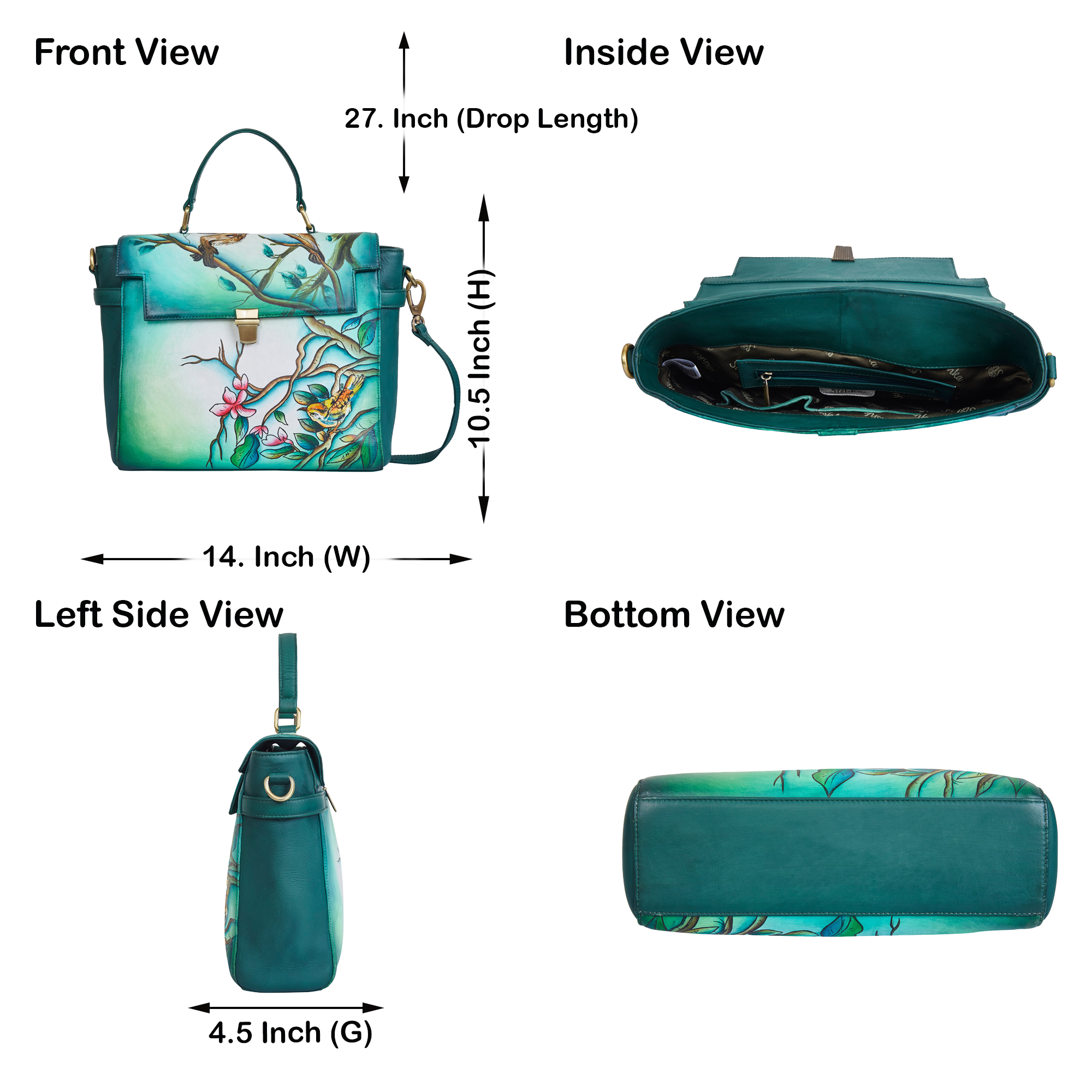 Sishka Hand-Painted Green Handbag – Elegant Bird & Floral Design, Versatile Leather Crossbody & Satchel with Removable Strap.