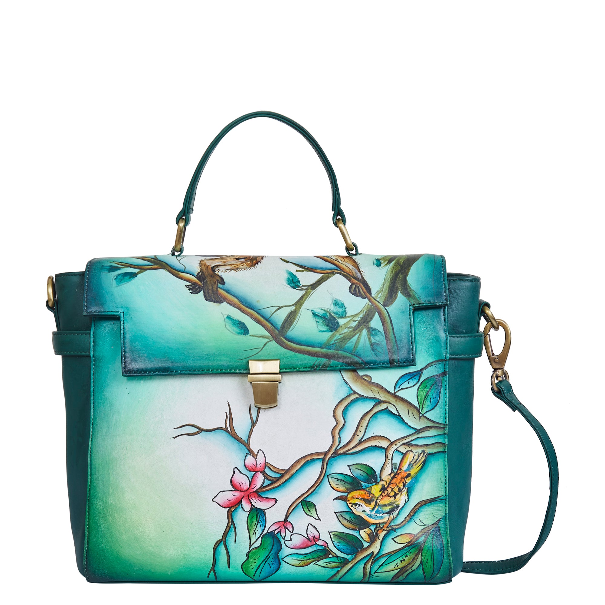 Sishka Hand-Painted Green Handbag – Elegant Bird & Floral Design, Versatile Leather Crossbody & Satchel with Removable Strap.
