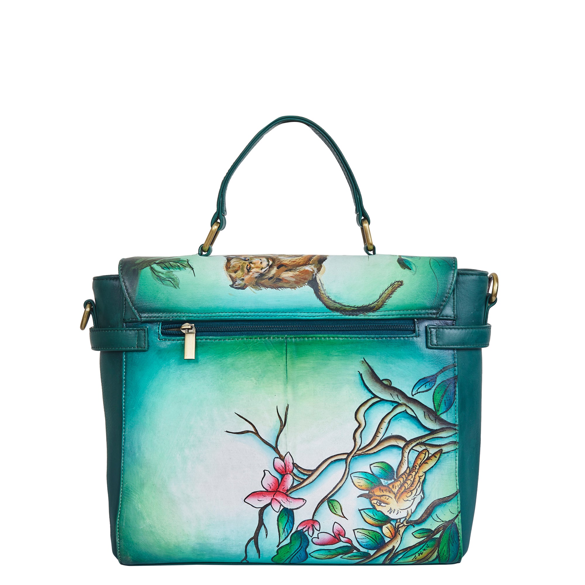 Sishka Hand-Painted Green Handbag – Elegant Bird & Floral Design, Versatile Leather Crossbody & Satchel with Removable Strap.