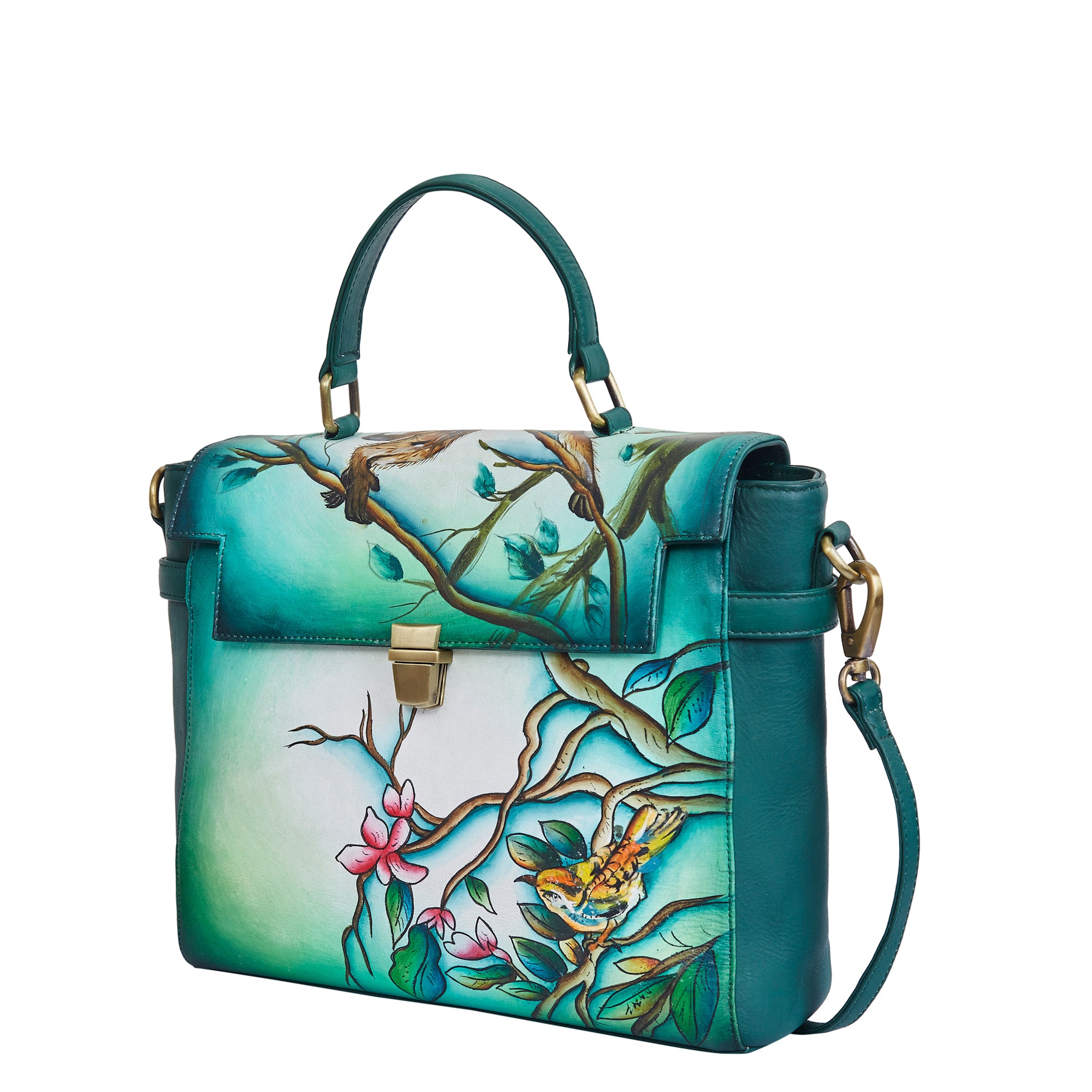 Sishka Hand-Painted Green Handbag – Elegant Bird & Floral Design, Versatile Leather Crossbody & Satchel with Removable Strap.
