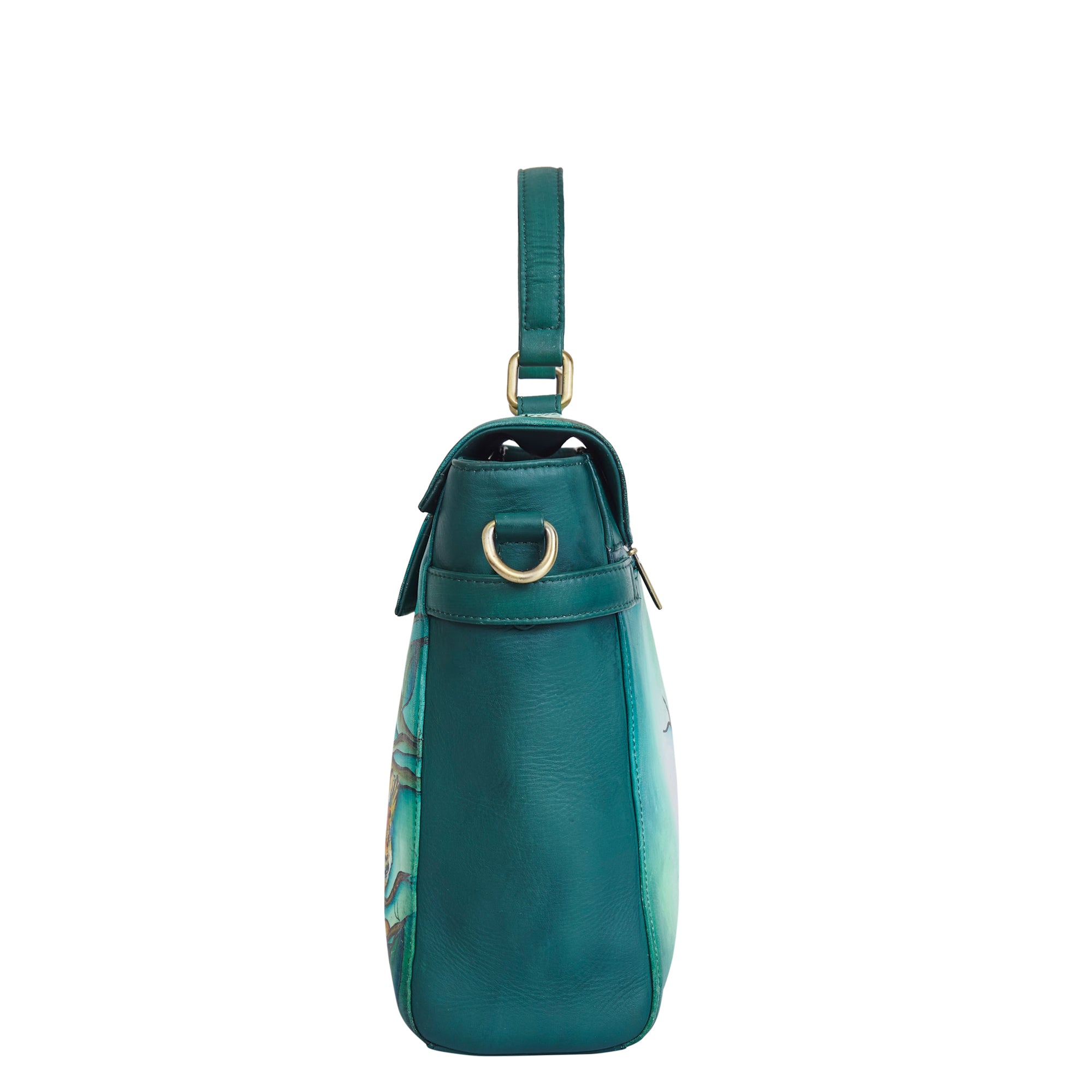 Sishka Hand-Painted Green Handbag – Elegant Bird & Floral Design, Versatile Leather Crossbody & Satchel with Removable Strap.