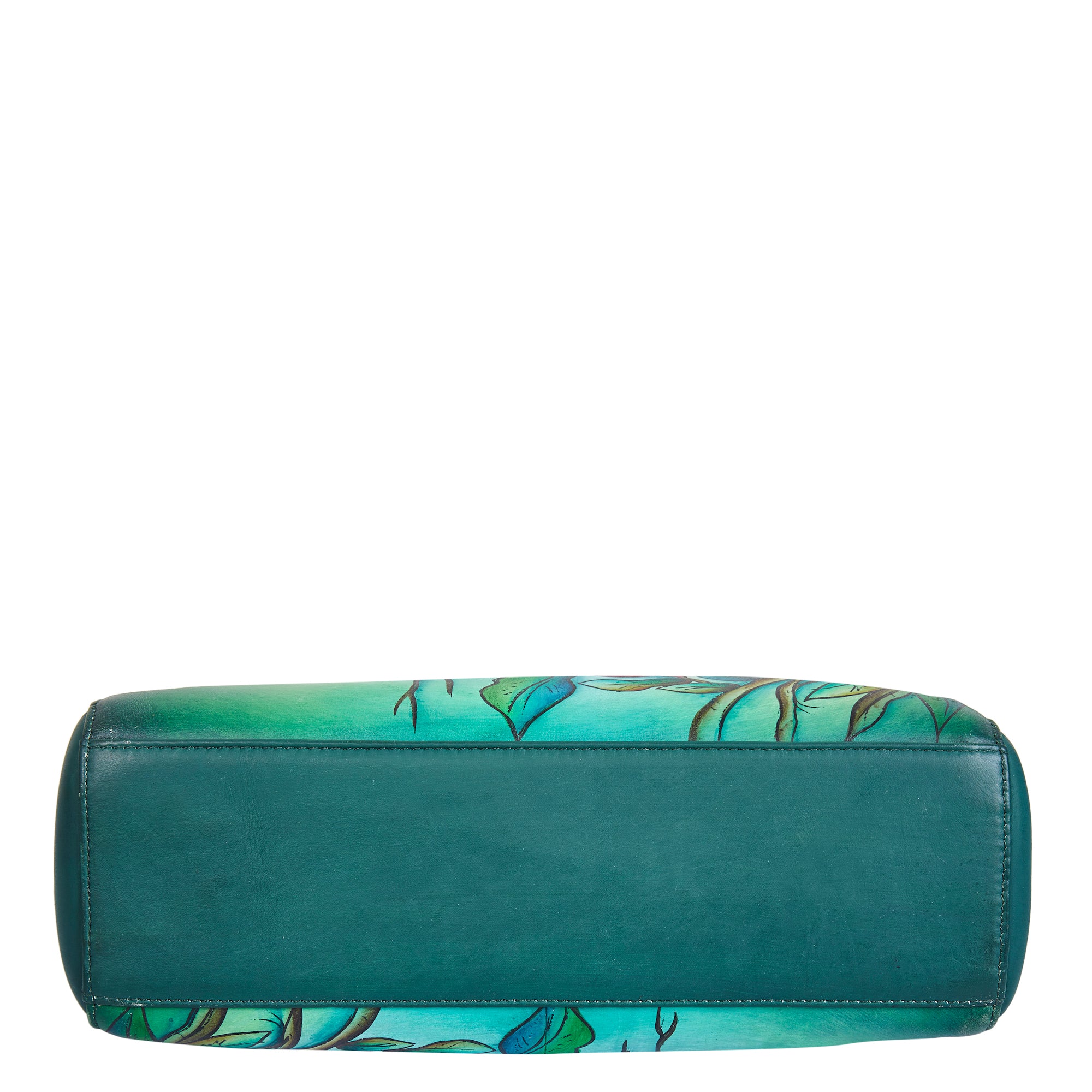 Sishka Hand-Painted Green Handbag – Elegant Bird & Floral Design, Versatile Leather Crossbody & Satchel with Removable Strap.