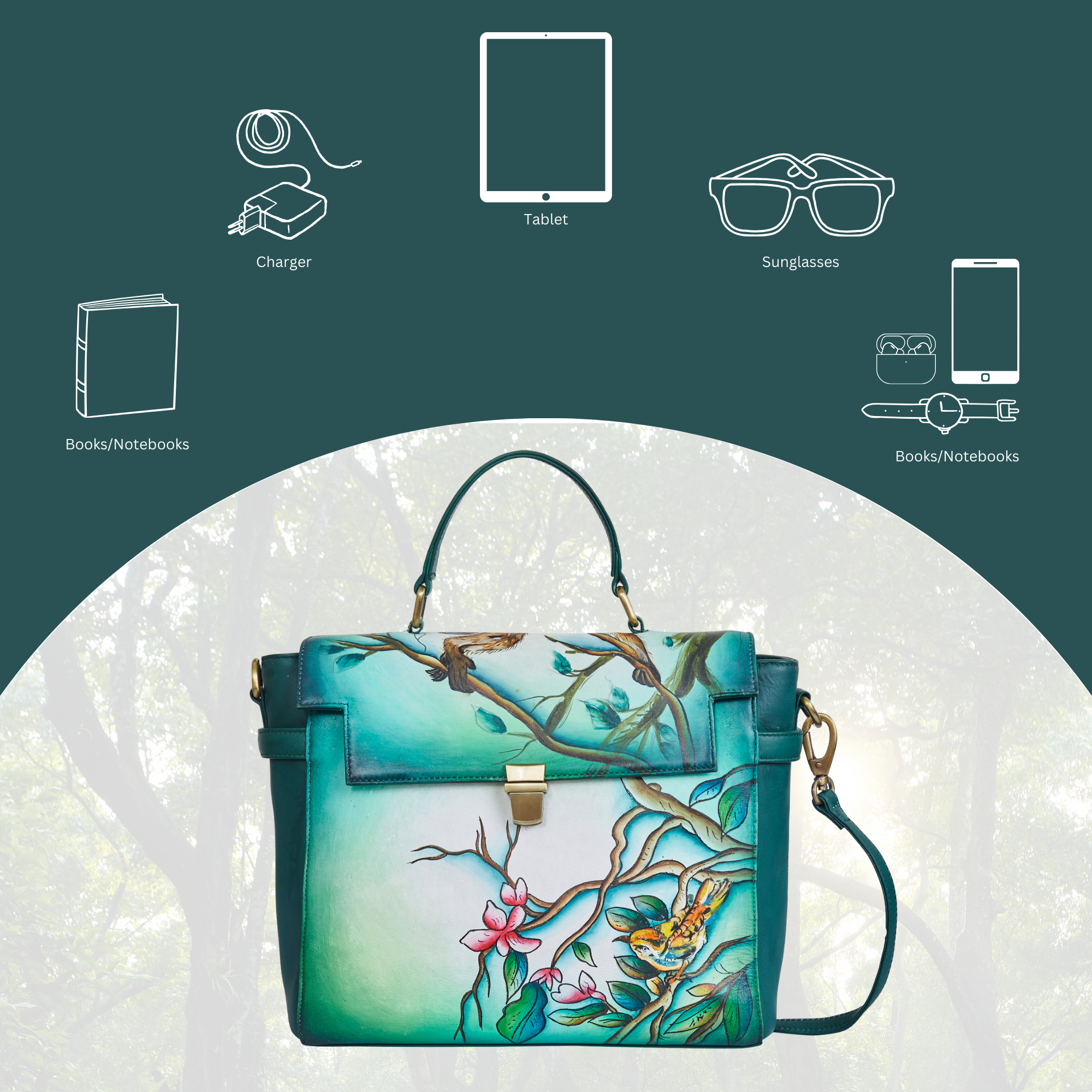 Sishka Hand-Painted Green Handbag – Elegant Bird & Floral Design, Versatile Leather Crossbody & Satchel with Removable Strap.