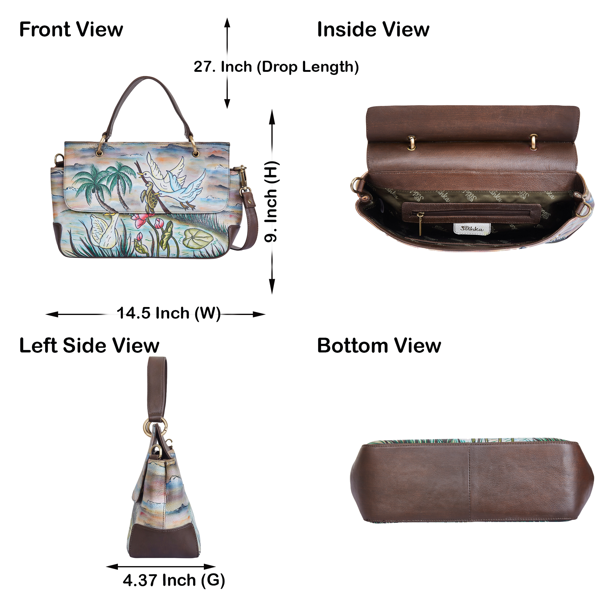 Sishka Hand-Painted Leather Satchel Bag – Elegant Swan & Turtle Art, Nature-Inspired Shoulder Purse, Stylish & Spacious Design.
