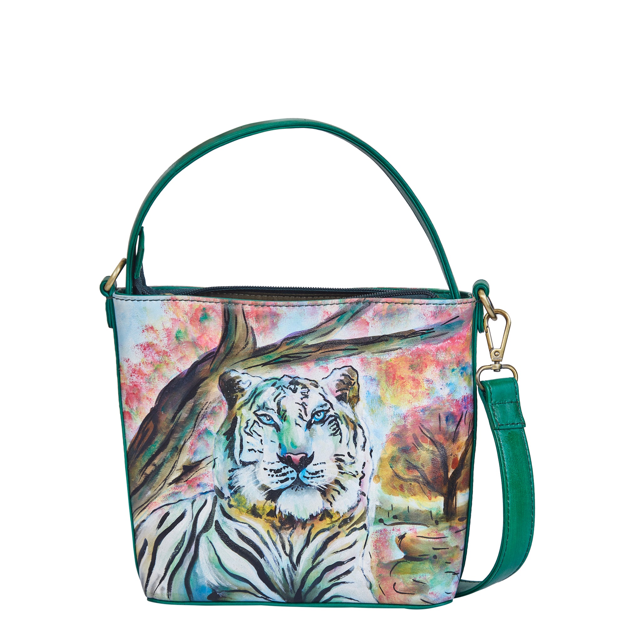 Hand-Painted Leather Satchel Bag – Majestic Tiger Art, Stylish Shoulder Purse
