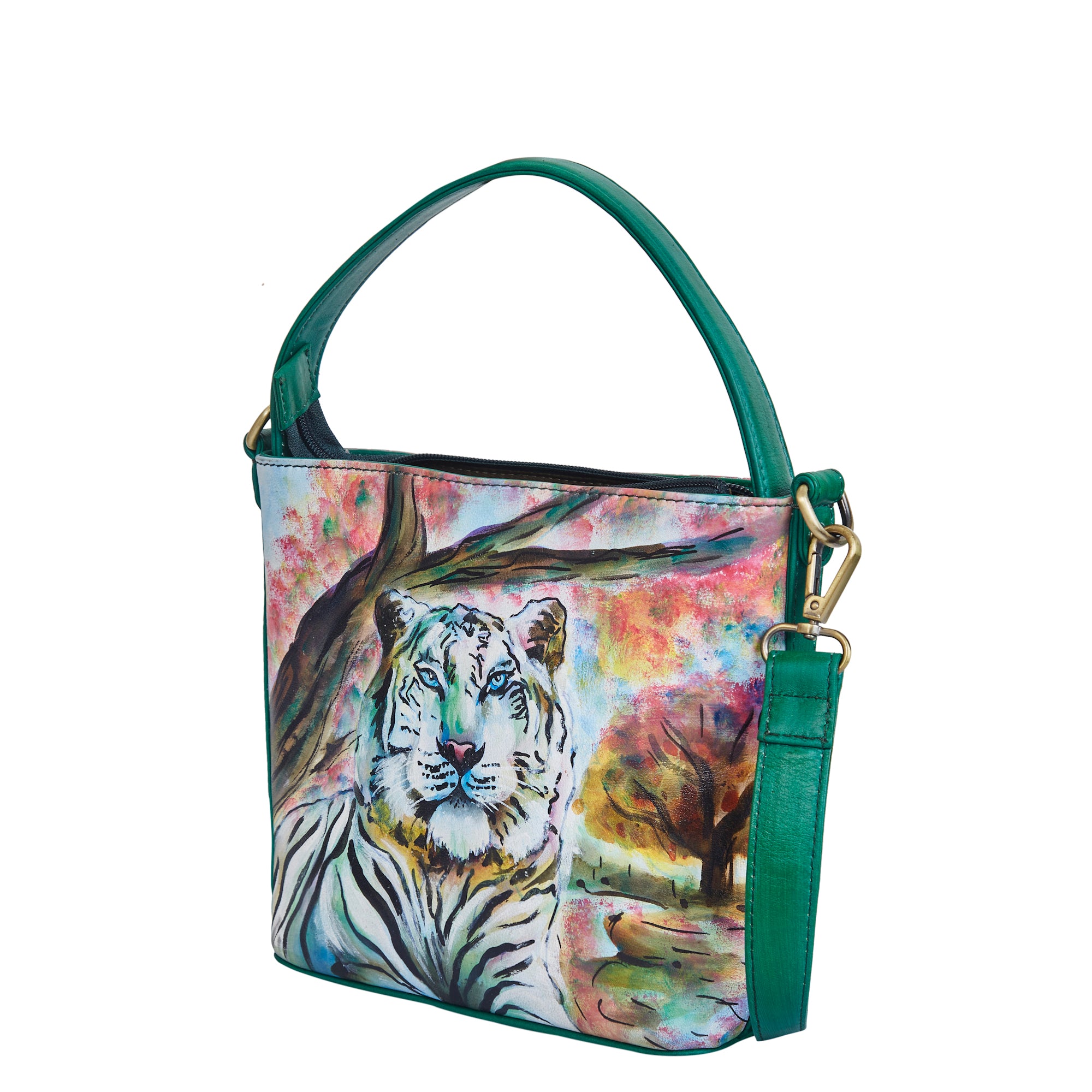 Hand-Painted Leather Satchel Bag – Majestic Tiger Art, Stylish Shoulder Purse