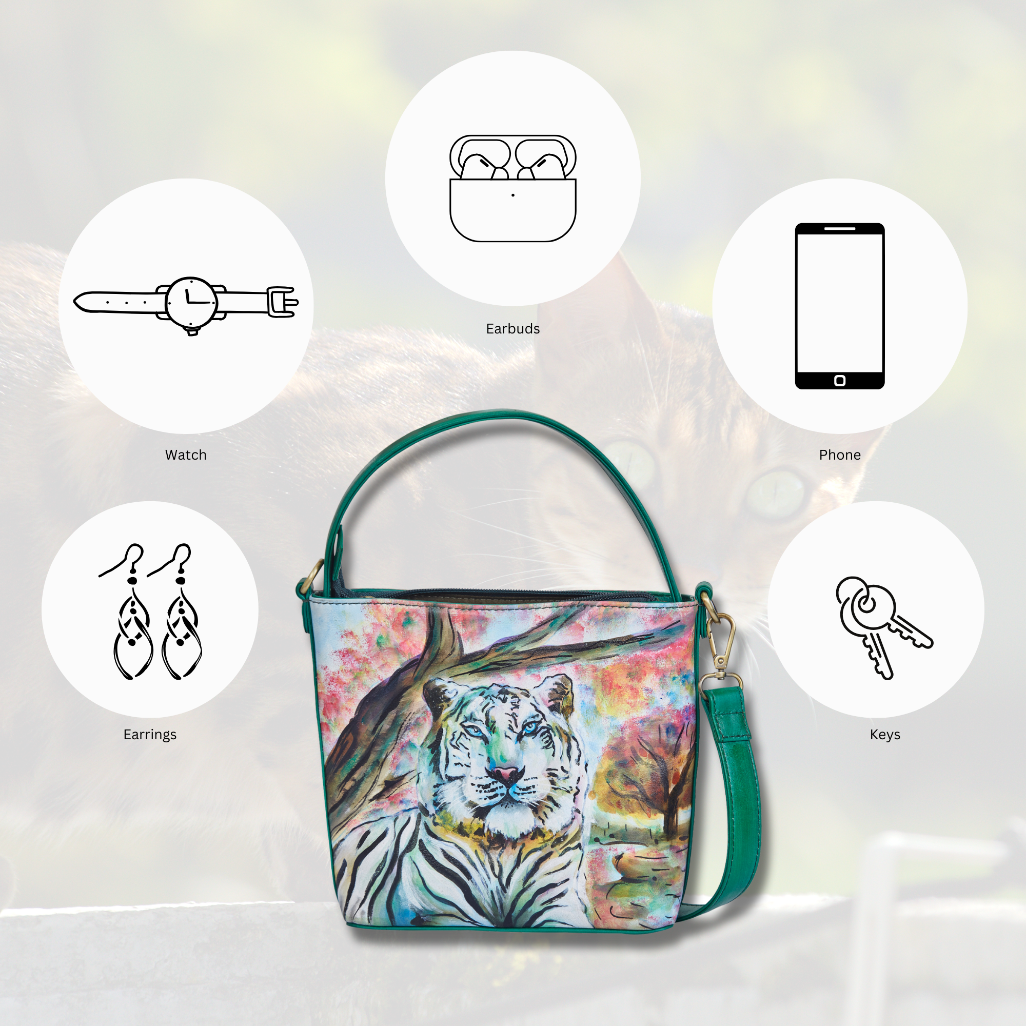 Hand-Painted Leather Satchel Bag – Majestic Tiger Art, Stylish Shoulder Purse