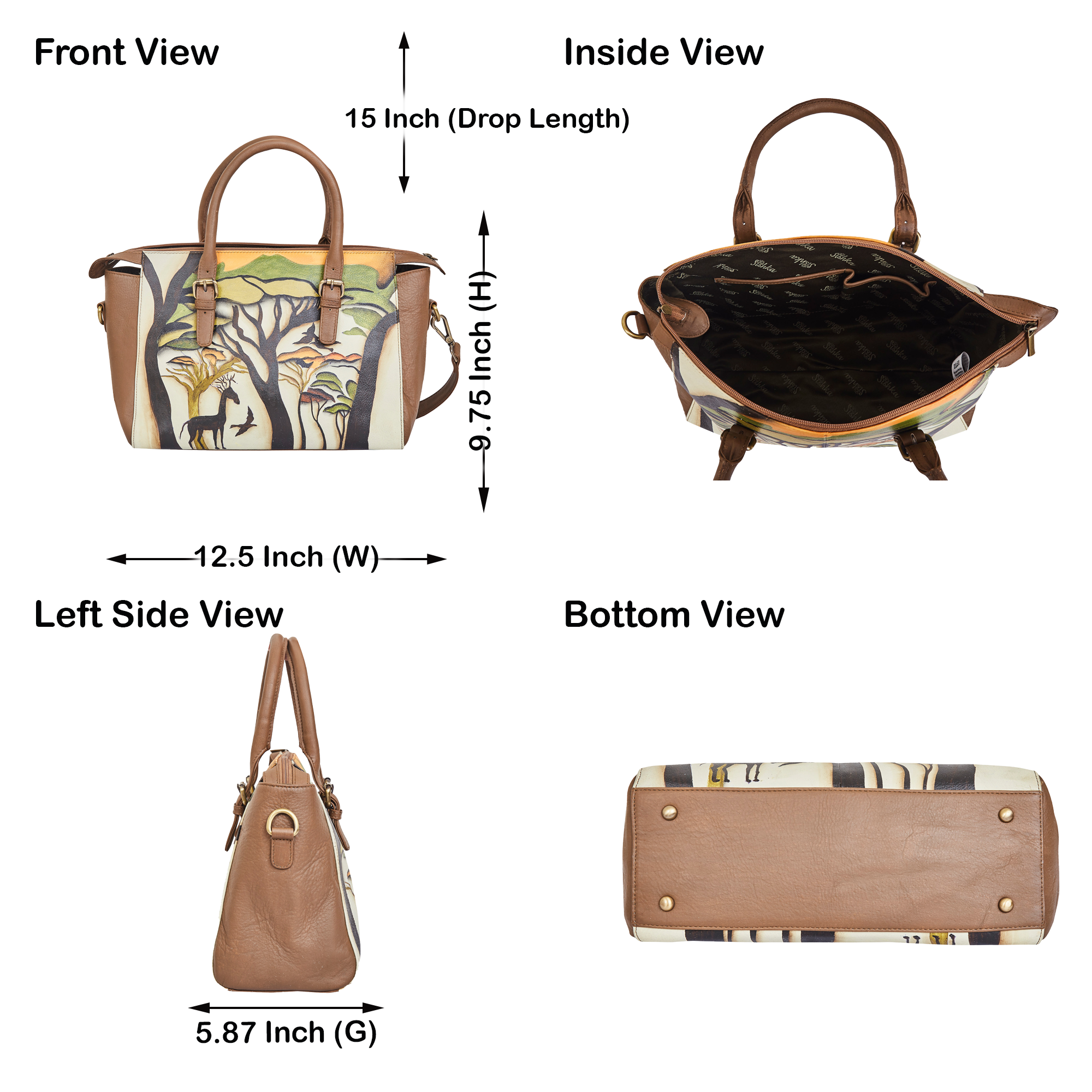 Sishka Hand-Painted Leather Satchel – Brown Shoulder Purse with Wild Art & Adjustable Strap for Ladies.