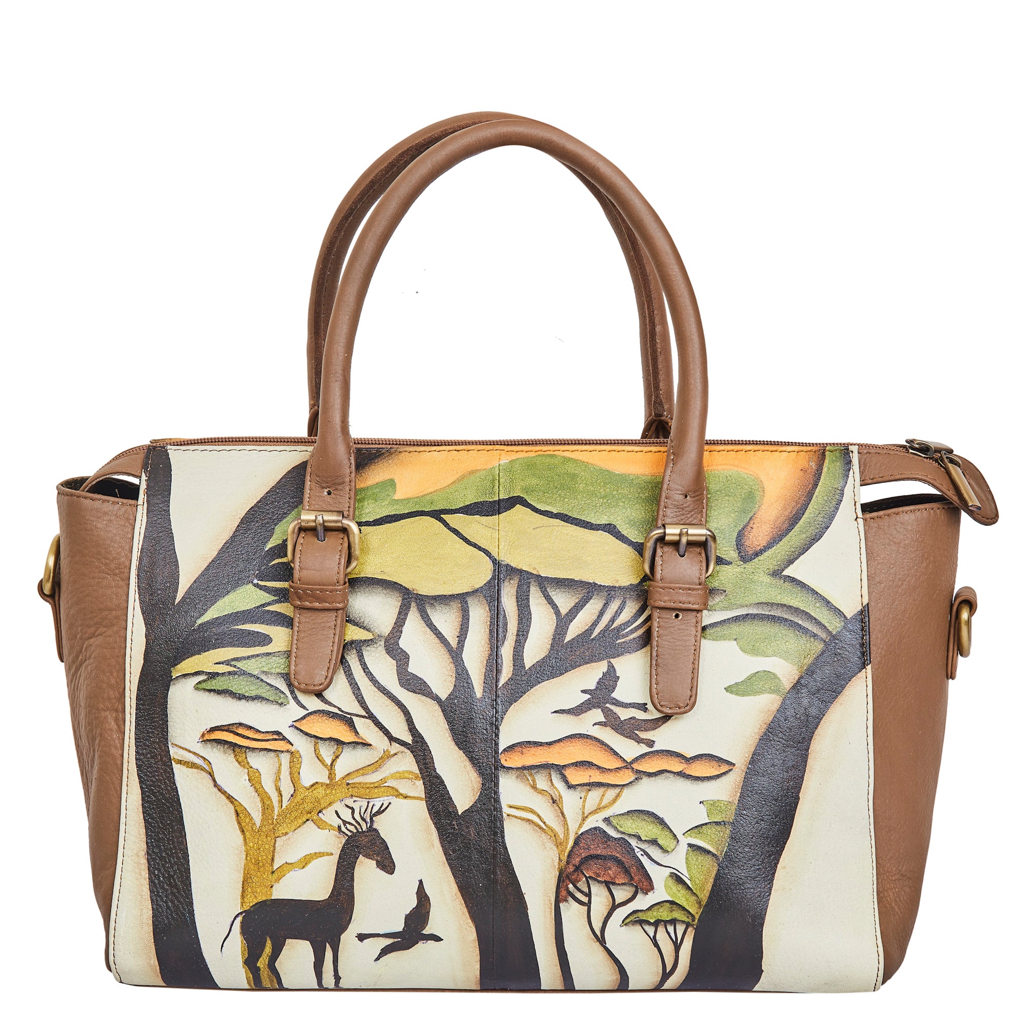 Sishka Hand-Painted Leather Satchel – Brown Shoulder Purse with Wild Art & Adjustable Strap for Ladies.
