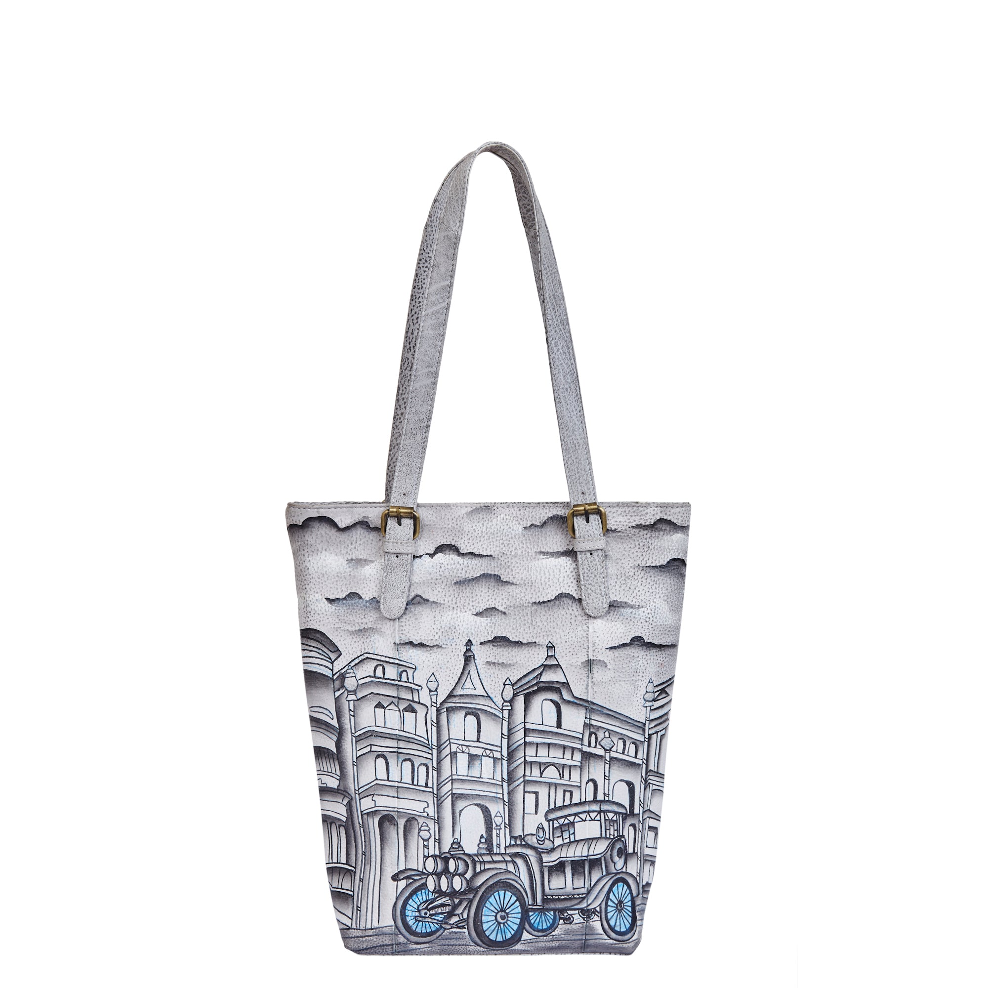 Sishka Leather Hand-Painted Tote Bag – Vintage Car & Architecture Art, Stylish Shoulder Purse & Spacious Satchel for Elegant Functionality.