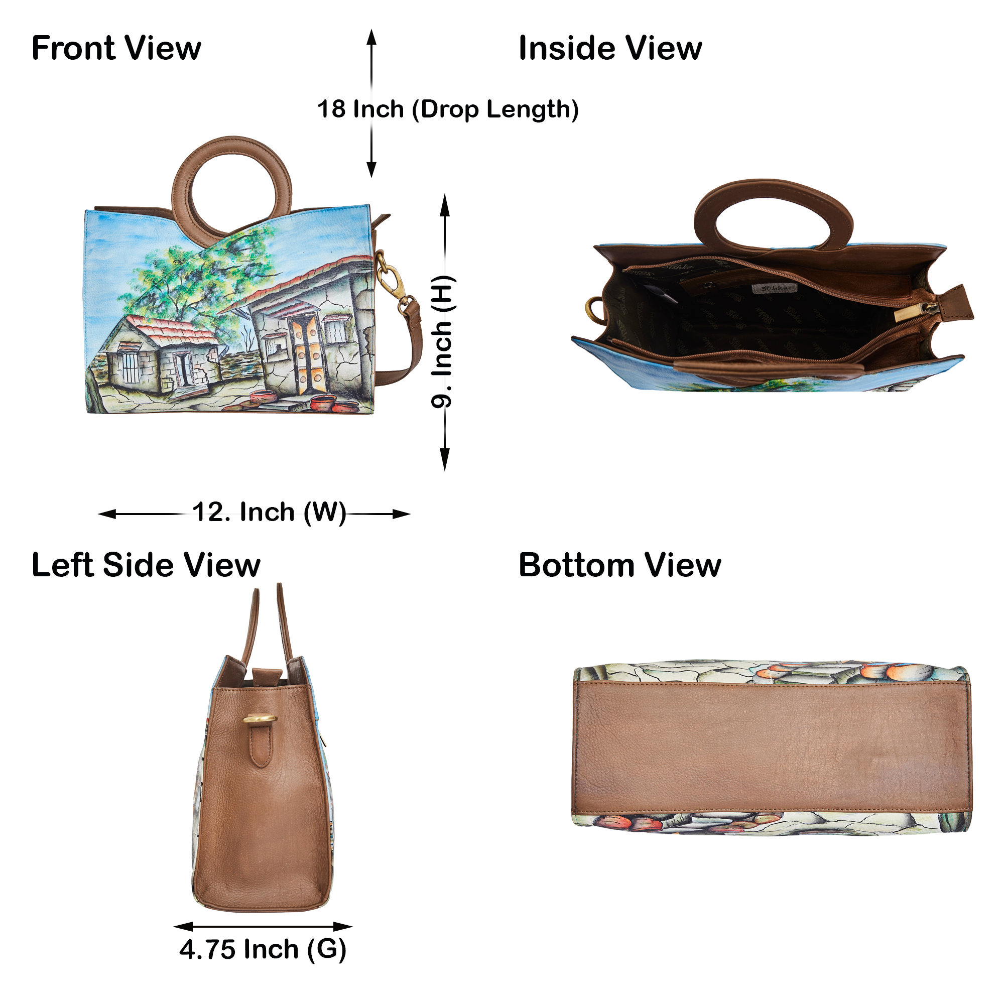Sishka Hand-Painted Leather Tote bag – Hut Art, Stylish Shoulder Purse & Satchel with Adjustable Strap for Daily Use for Females.