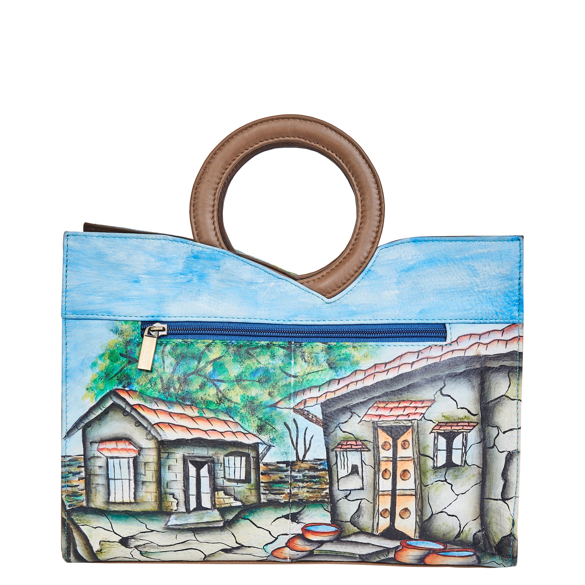 Sishka Hand-Painted Leather Tote bag – Hut Art, Stylish Shoulder Purse & Satchel with Adjustable Strap for Daily Use for Females.