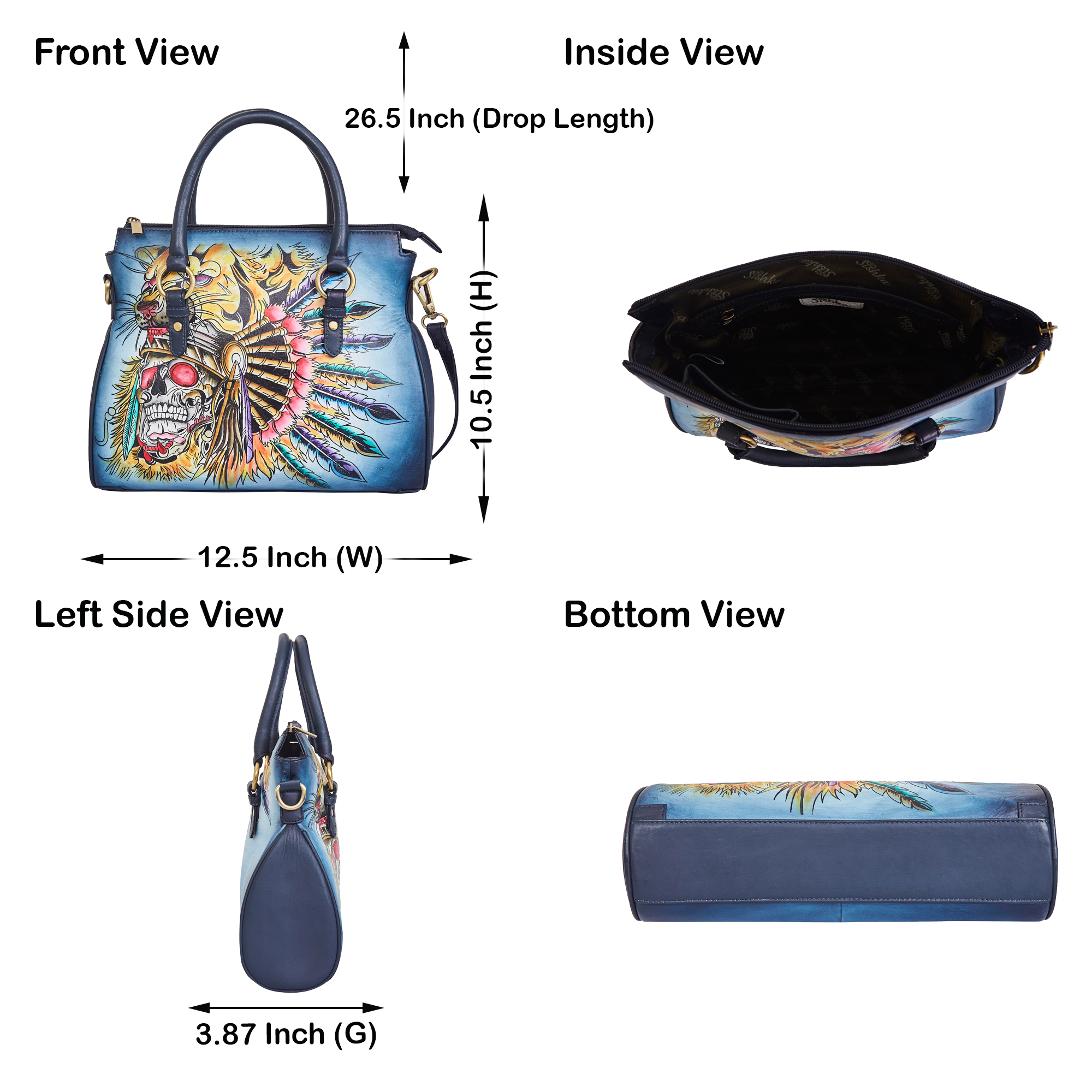 Sishka Hand-Painted Women's Leather Tote – Multicolor Tribal Art, Stylish Shoulder Purse & Satchel with Adjustable Strap.