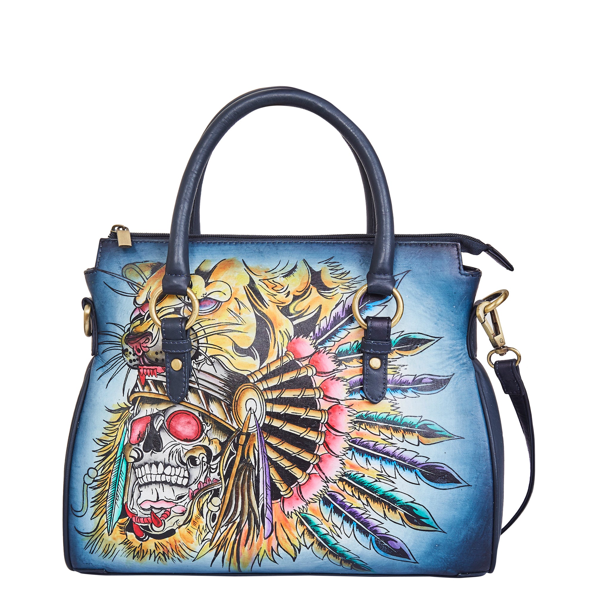 Sishka Hand-Painted Women's Leather Tote – Multicolor Tribal Art, Stylish Shoulder Purse & Satchel with Adjustable Strap.
