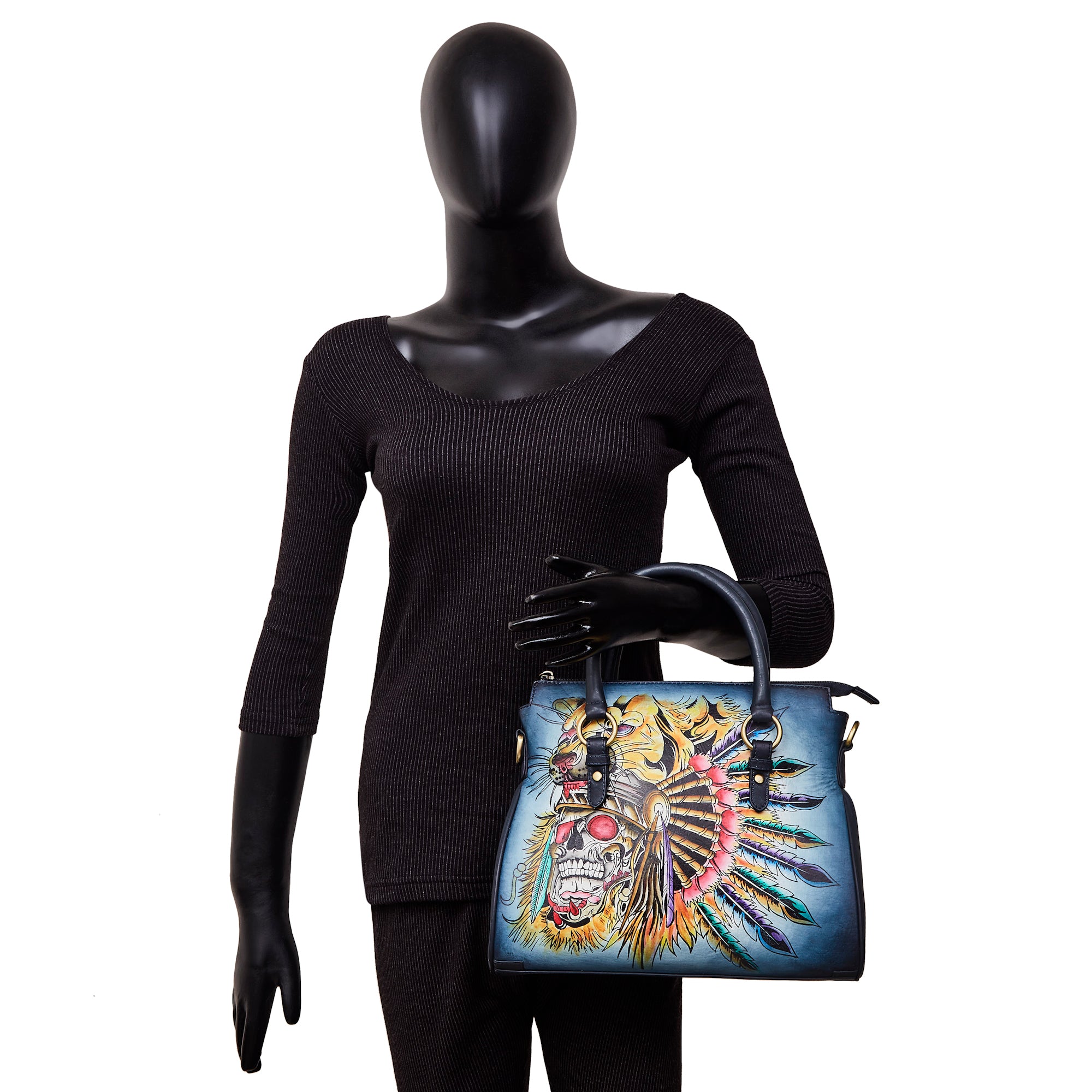 Hand Painted Tribal Skull & Tiger Leather Tote Bag
