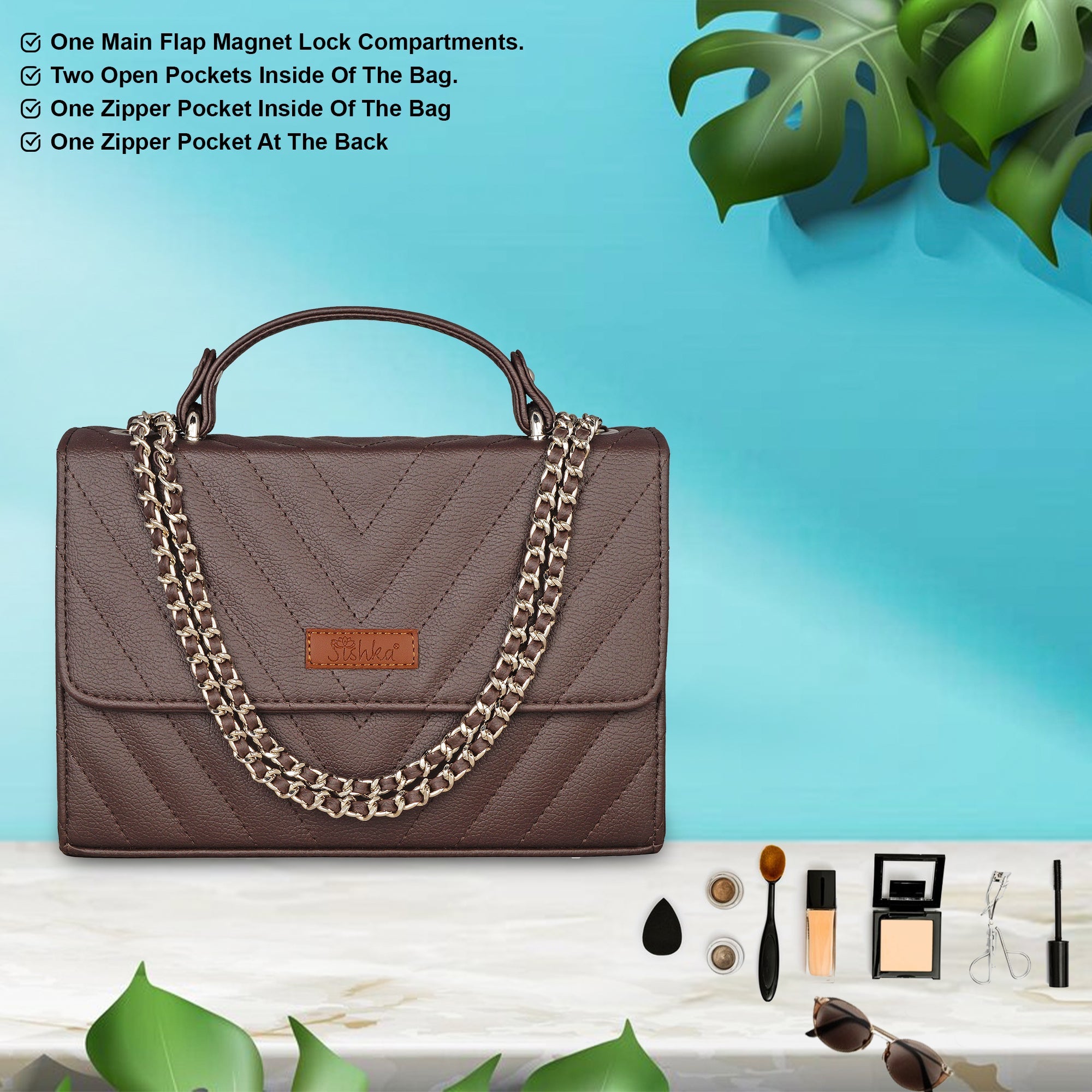 Brown Quilted Shoulder Sling Bag – Elegant Women’s Handbag with Chain Strap