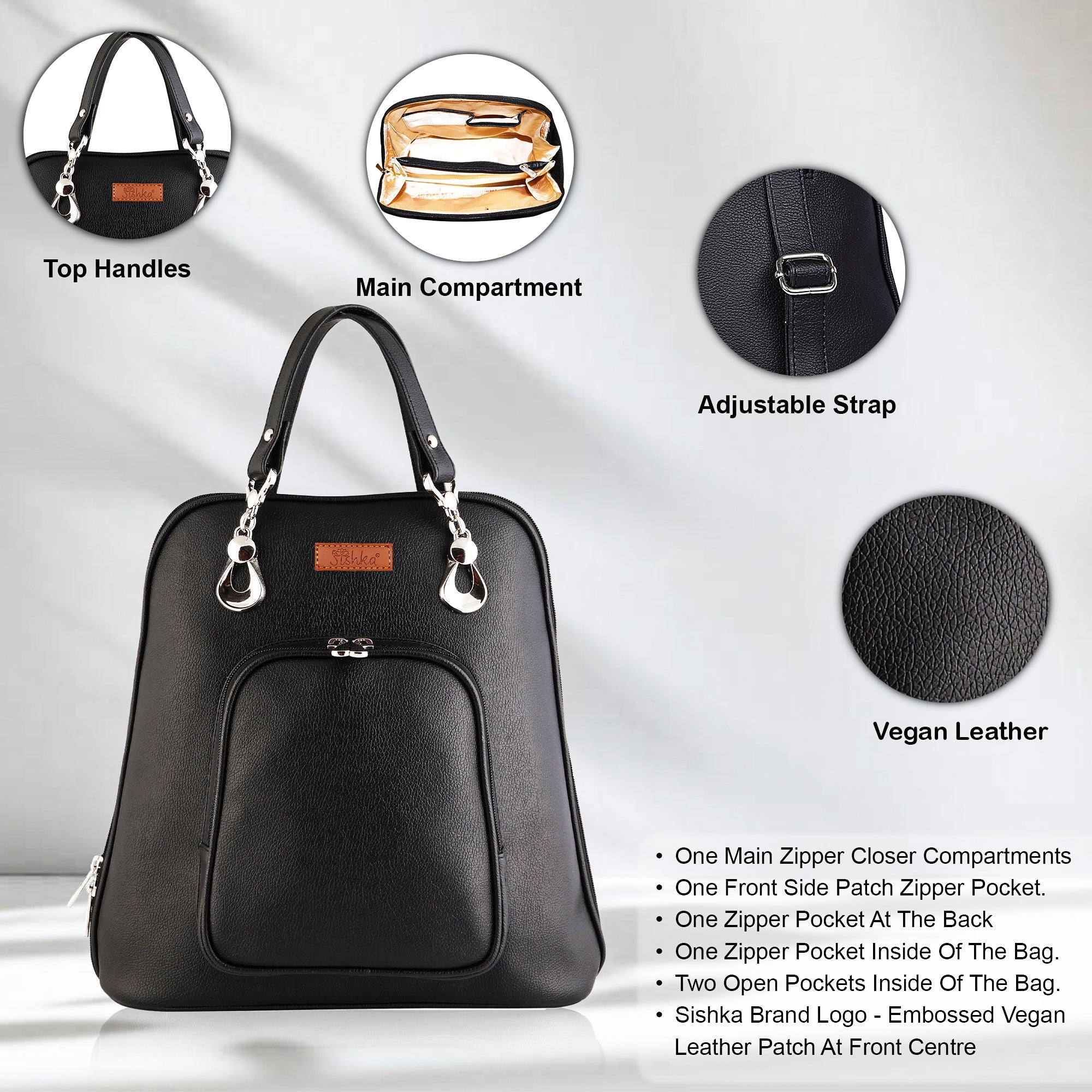 Black Leather Backpack Purse for Women –  Handbag & Shoulder Bag for Work