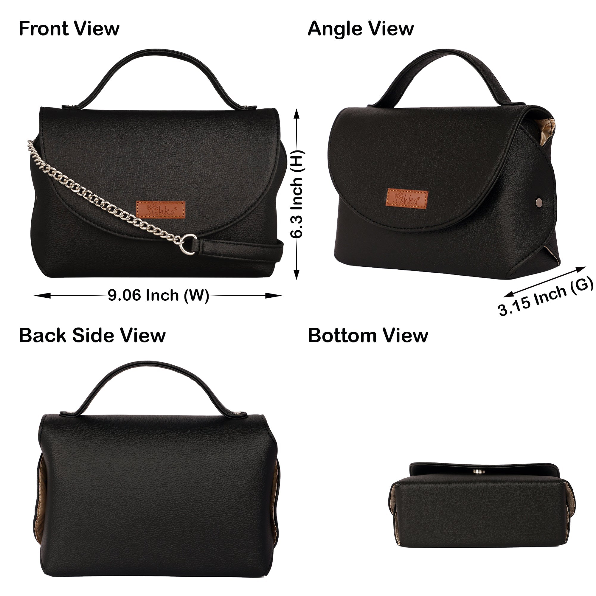 Black Vegan Leather Crossbody Sling Bag – Women’s Chain Strap Shoulder Handbag
