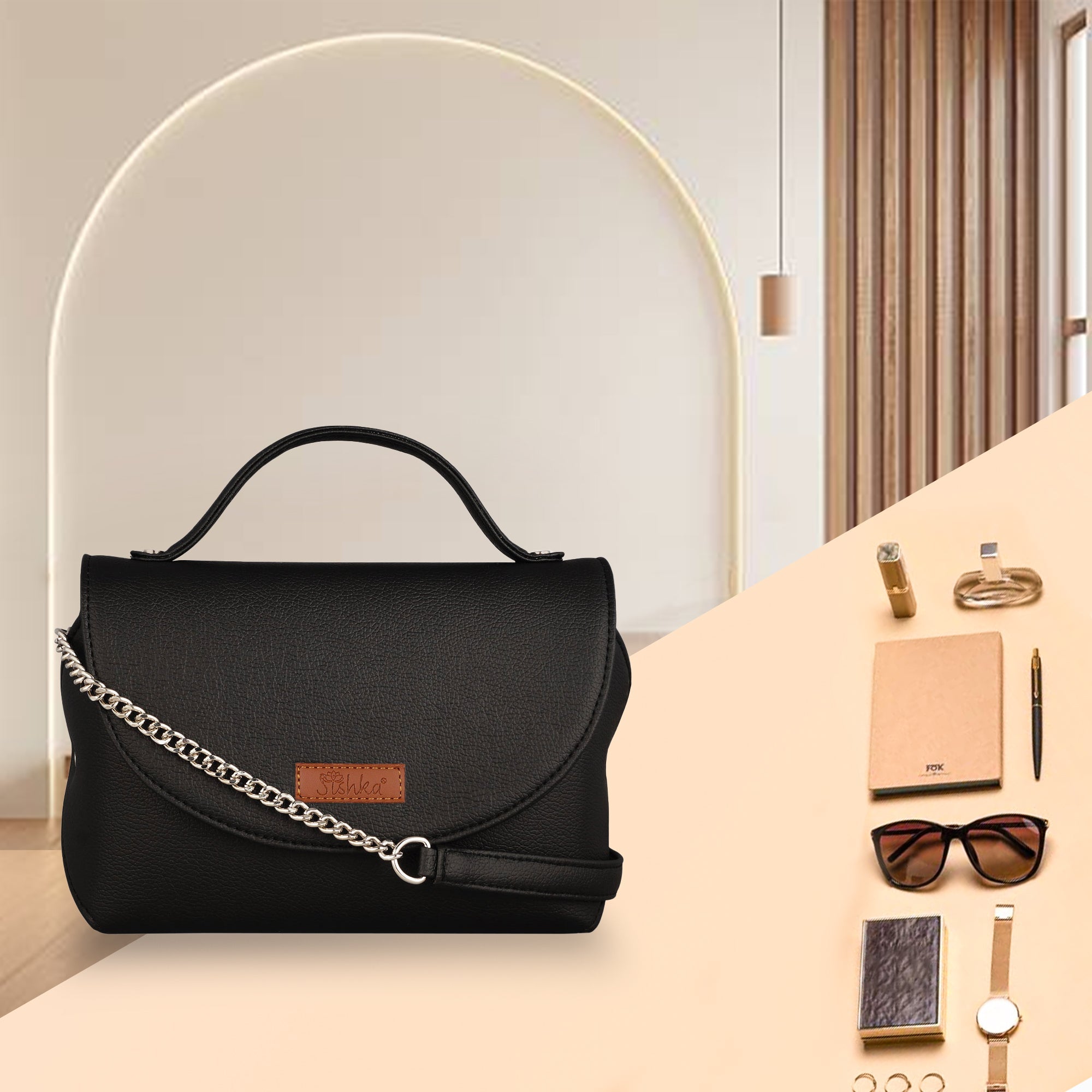 Black Vegan Leather Crossbody Sling Bag – Women’s Chain Strap Shoulder Handbag