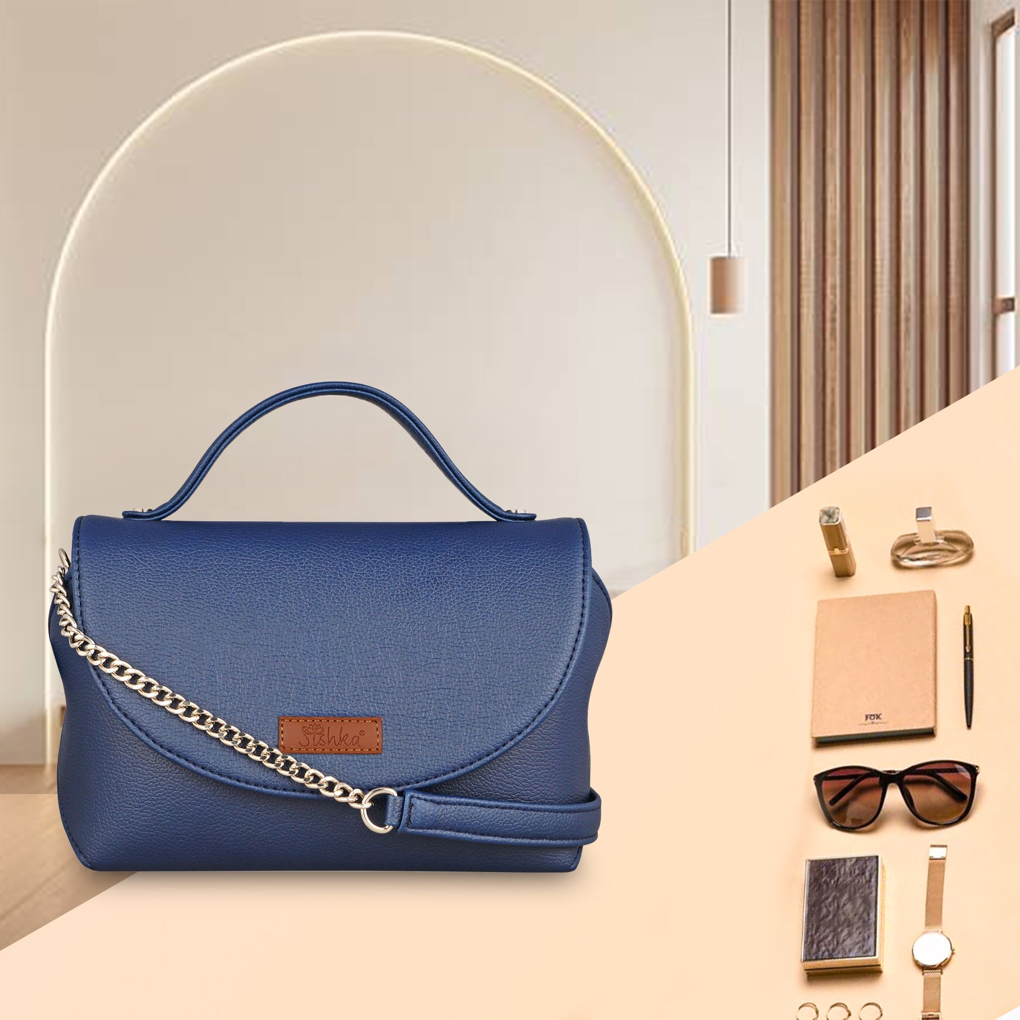 Blue Vegan Leather Crossbody Sling Bag – Women’s Chain Strap Shoulder Handbag