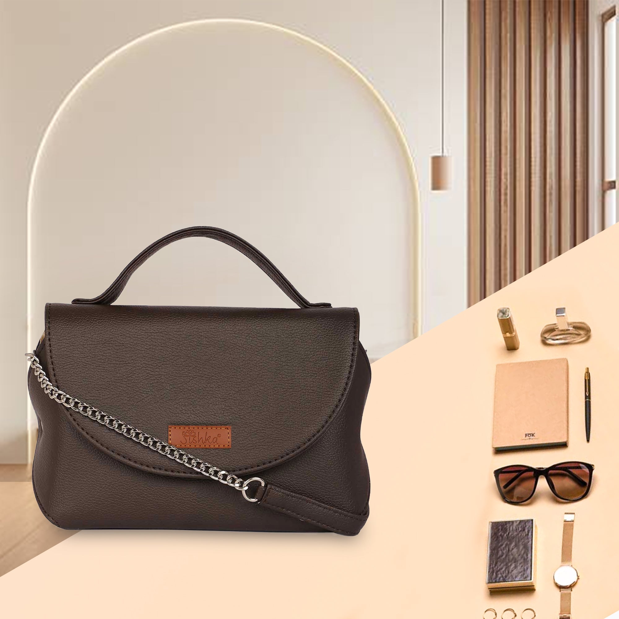 Brown Vegan Leather Crossbody Sling Bag – Women’s Chain Strap Shoulder Handbag