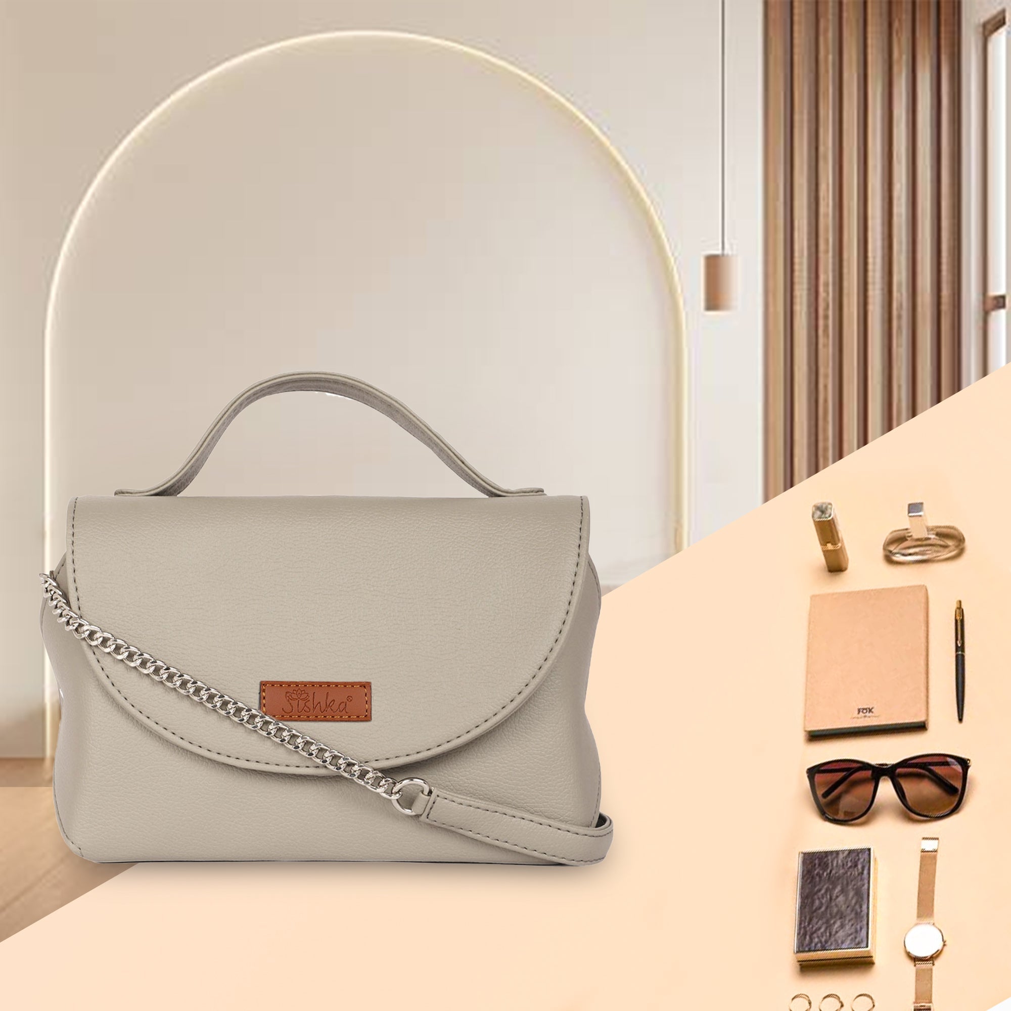Grey Vegan Leather Crossbody Sling Bag – Women’s Chain Strap Shoulder Handbag