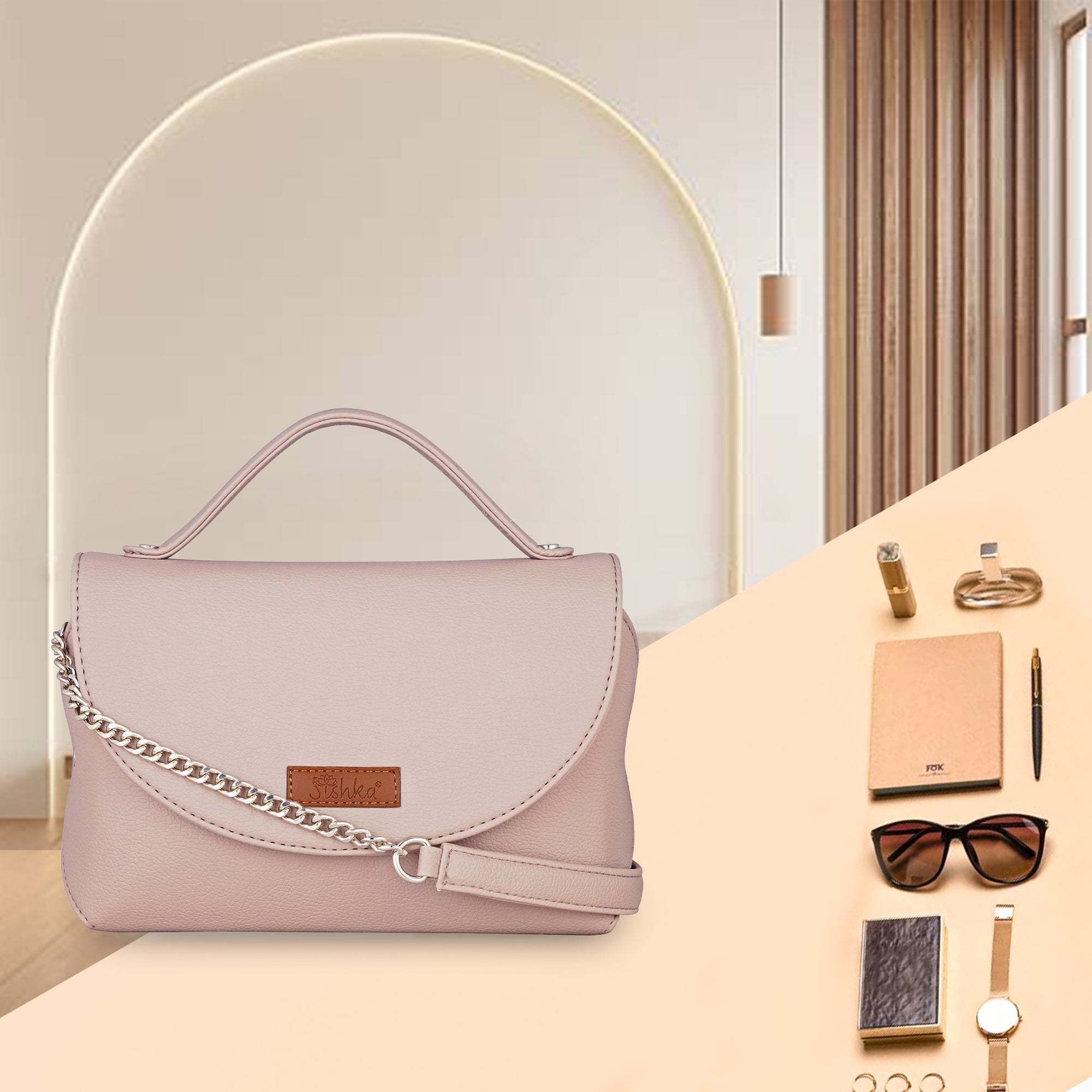 Mauve Vegan Leather Crossbody Sling Bag – Women’s Chain Strap Shoulder Handbag