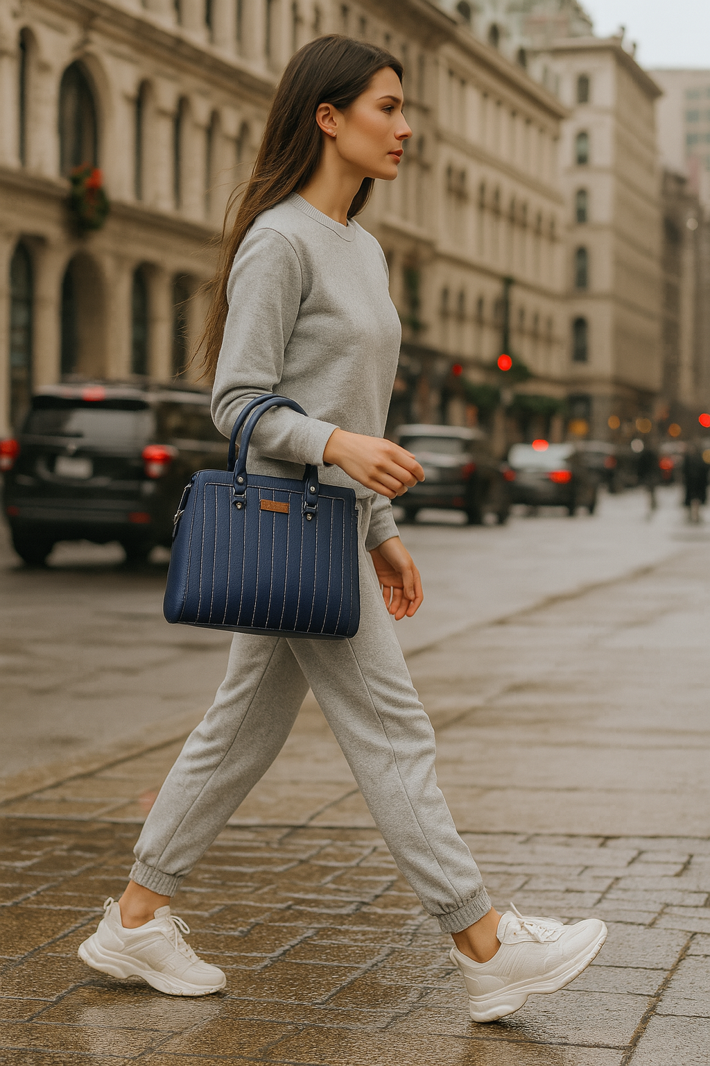 Sishka Blue Leather Ladies Handbag – Top-Handle Design with Crossbody Strap