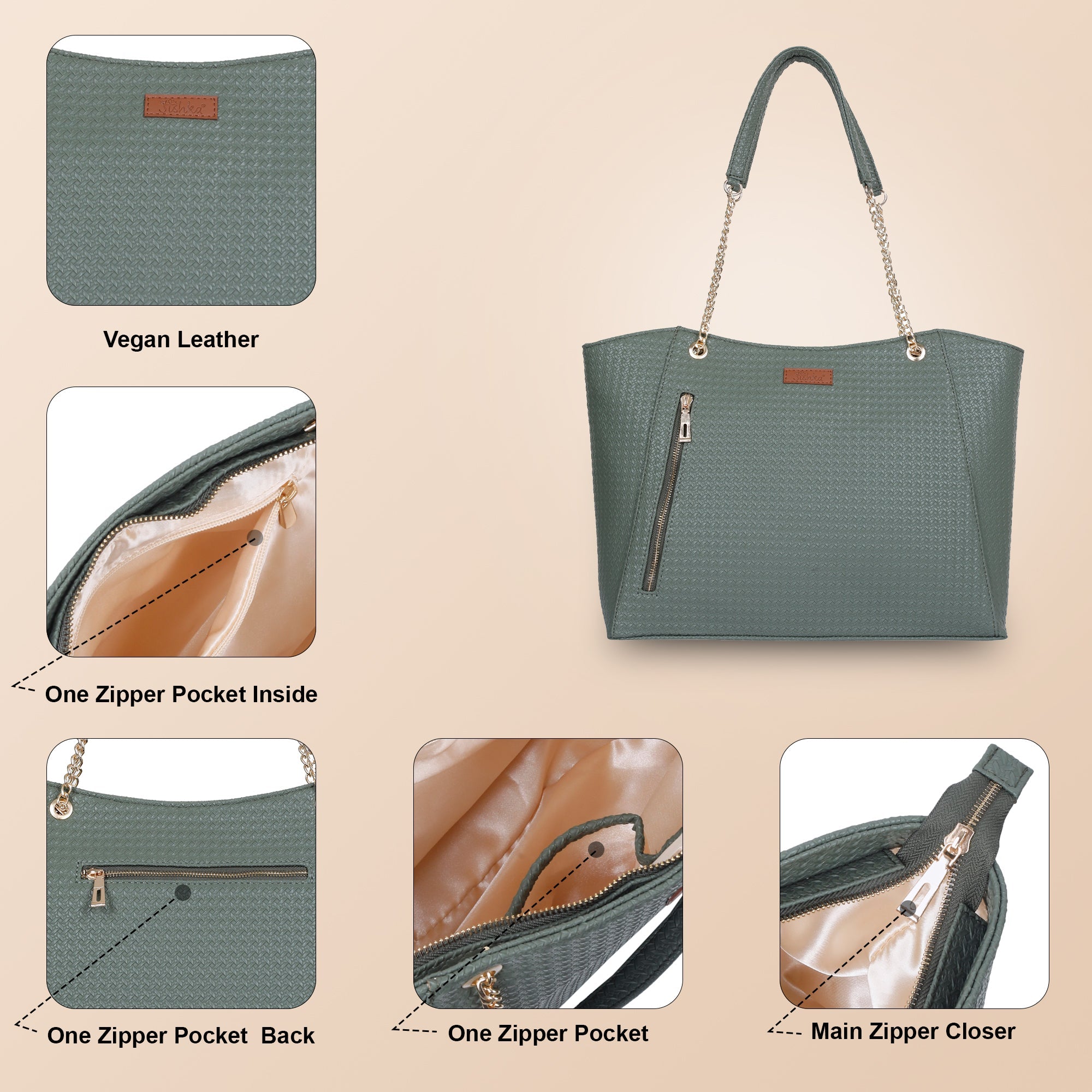 Sishka Green Vegan Leather Satchel – Elegant Women’s Tote, Shoulder Handbag with Top Handles