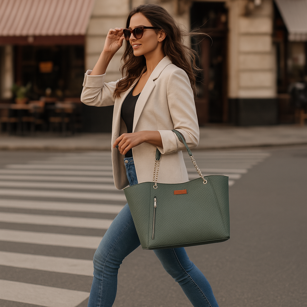 Sishka Green Vegan Leather Satchel – Elegant Women’s Tote, Shoulder Handbag with Top Handles