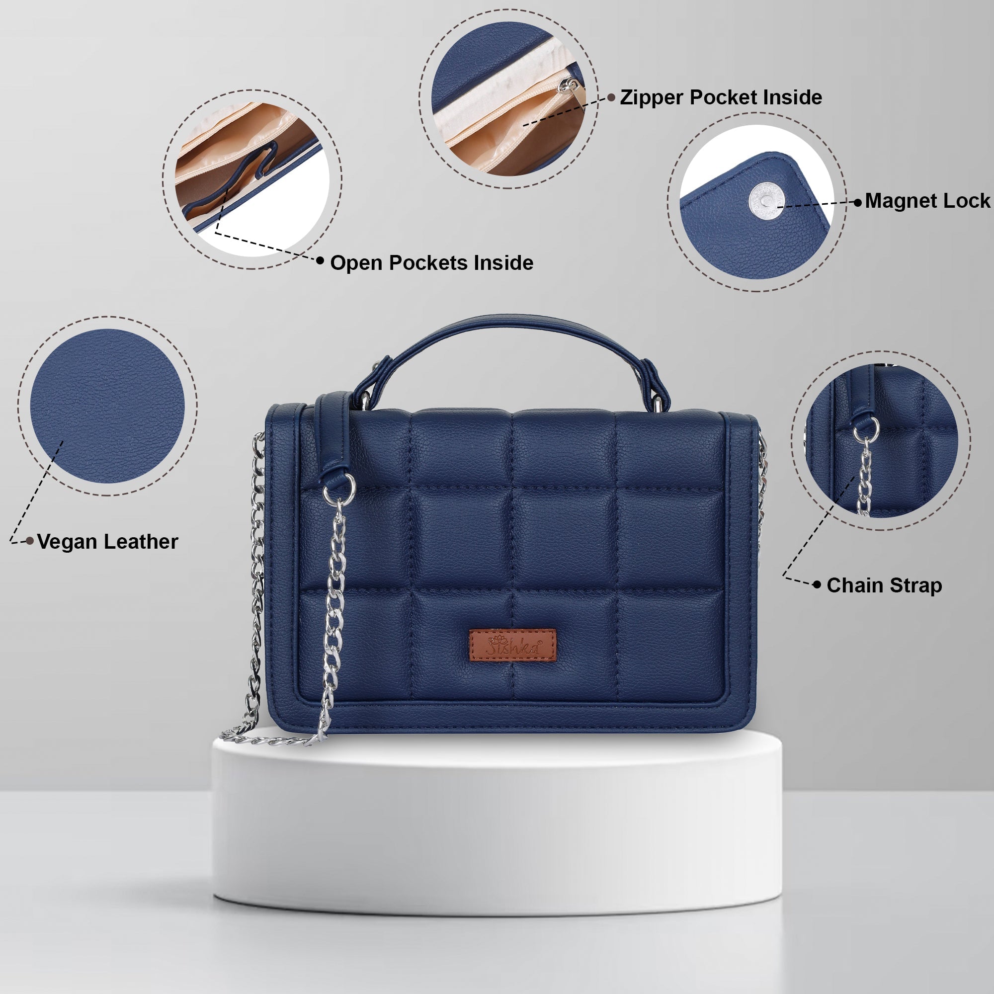 Blue Faux Leather Crossbody Sling Bag – Women’s Chain Strap Shoulder Handbag