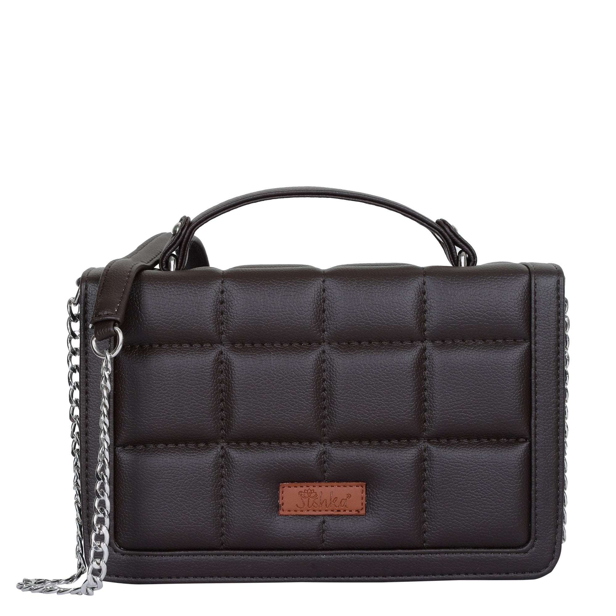 Sishka Brown Sling Bag for Women – Elegant Vegan Leather Crossbody with Chain Strap & Top Handle