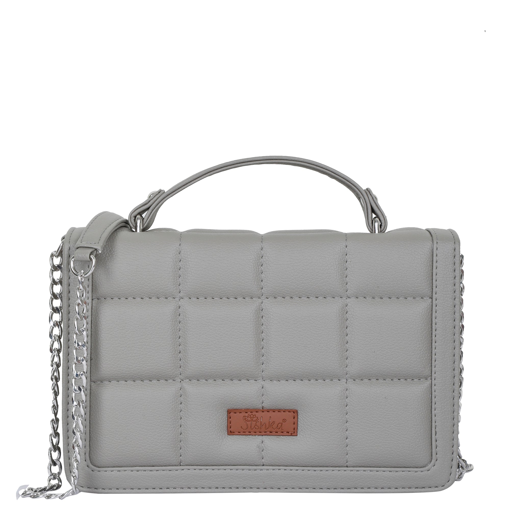 Sishka Grey Crossbody Sling Bag – Compact Vegan Leather Shoulder Purse with Handle & Chain Strap