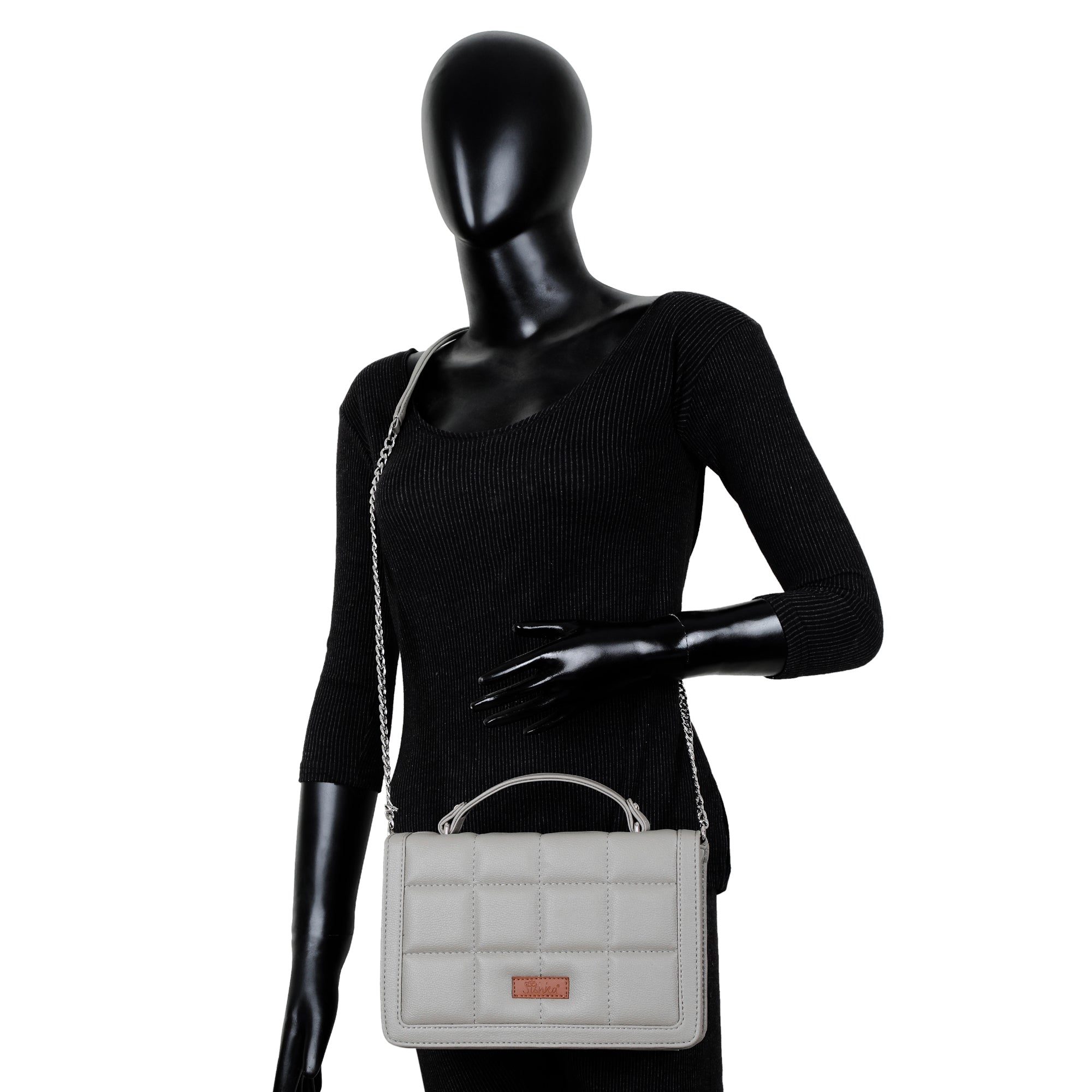 Grey Faux Leather Crossbody Sling Bag – Women’s Chain Strap Shoulder Handbag