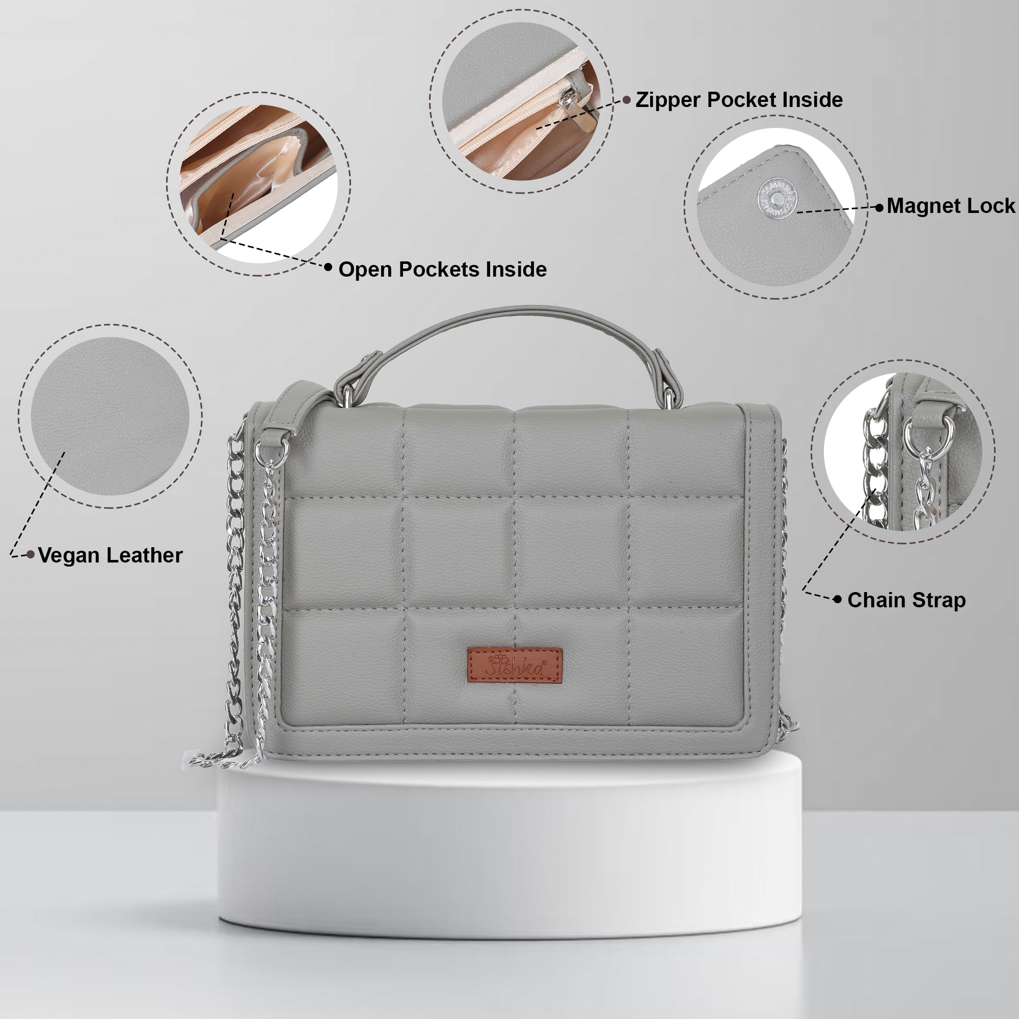 Grey Faux Leather Crossbody Sling Bag – Women’s Chain Strap Shoulder Handbag