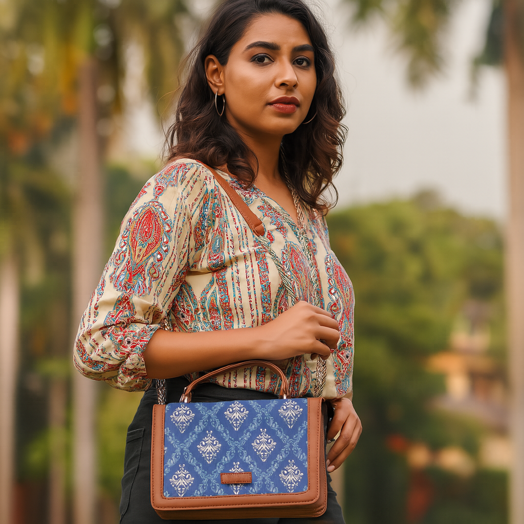 Sishka Blue Crossbody Sling Bag–Canvas Purse with Chain Strap & Handle for Women