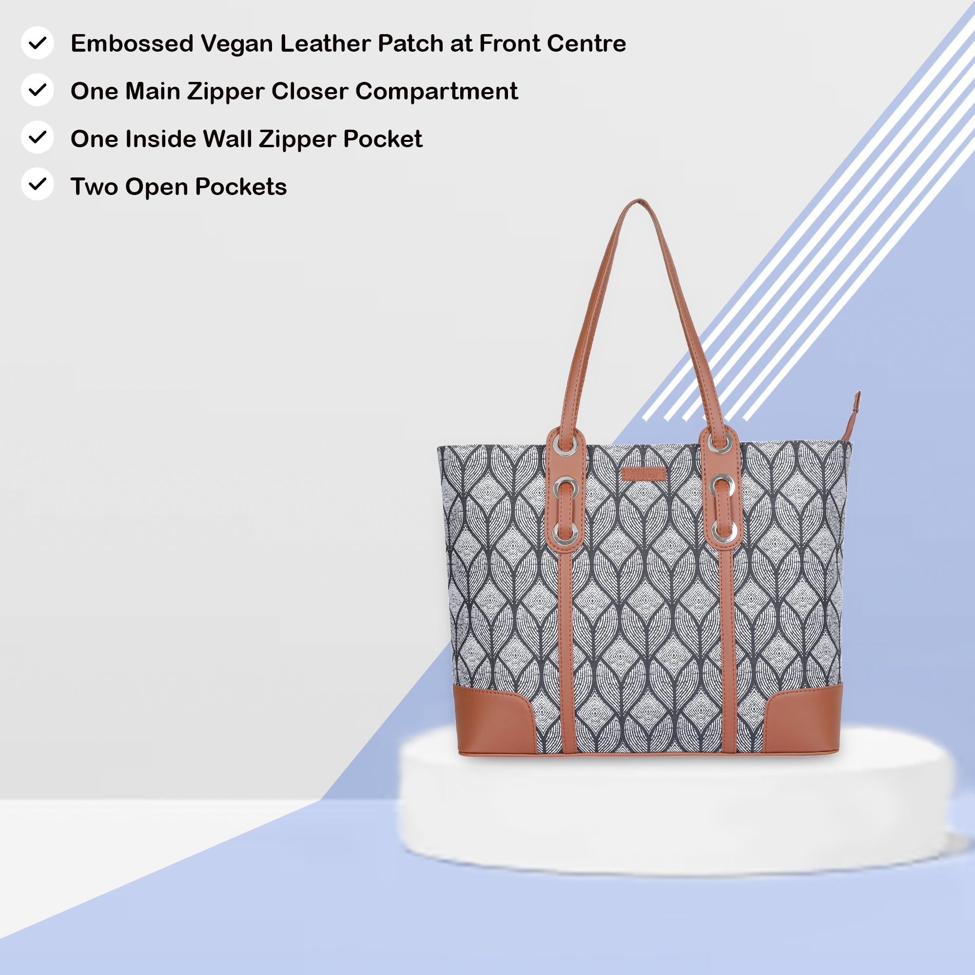 Monochrome Handcrafted Printed Tote Bag – Vegan-Trim Satchel for Women’s Work & Travel