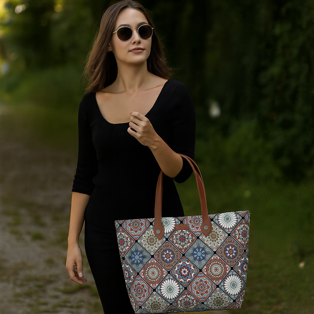 Women’s Handcrafted Printed Tote Bags – Multicolor, Monochrome, Blue, Abstract & Olive Variants