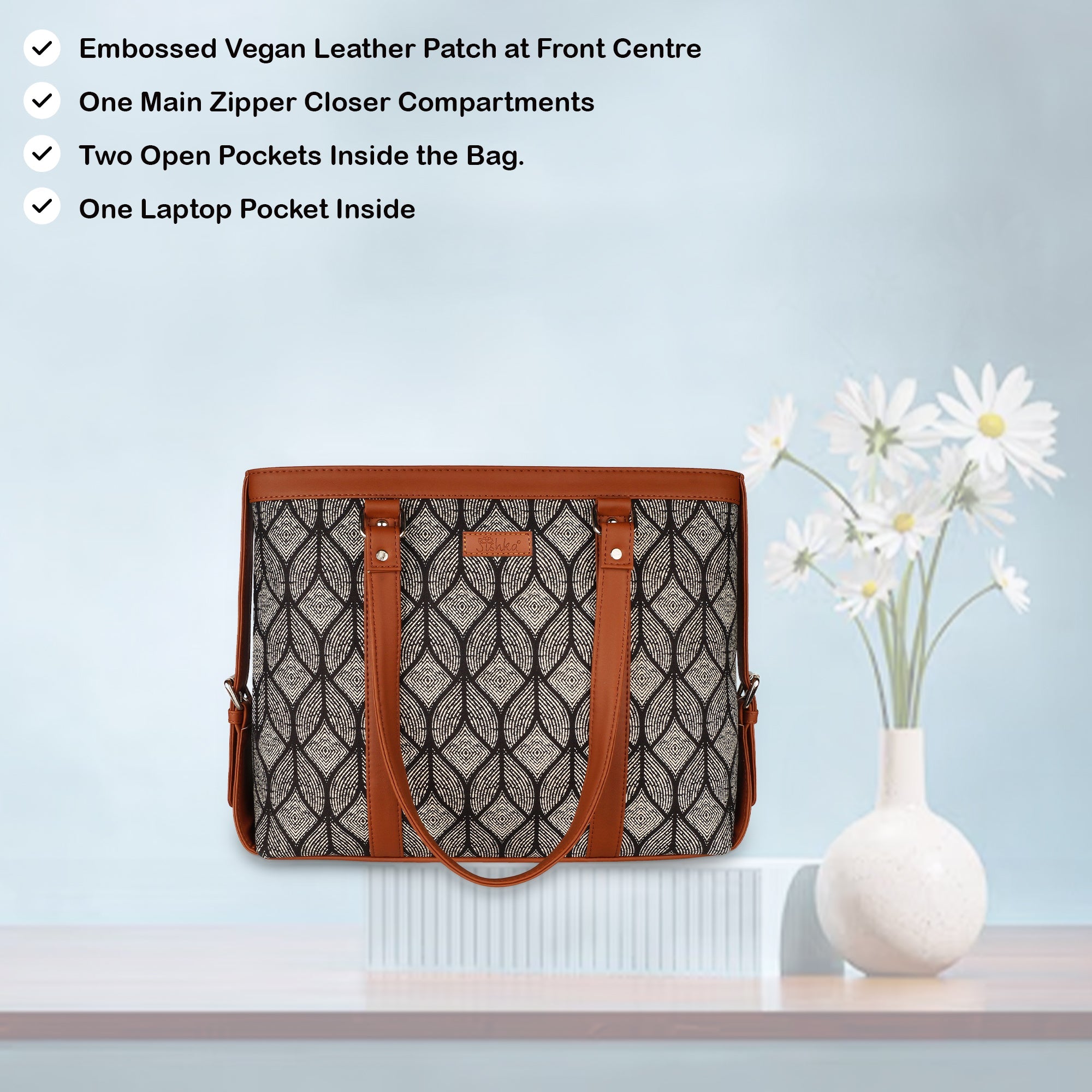 Monochrome Laptop Bag for Ladies – Elegant Handcrafted Printed Shoulder Tote for Office