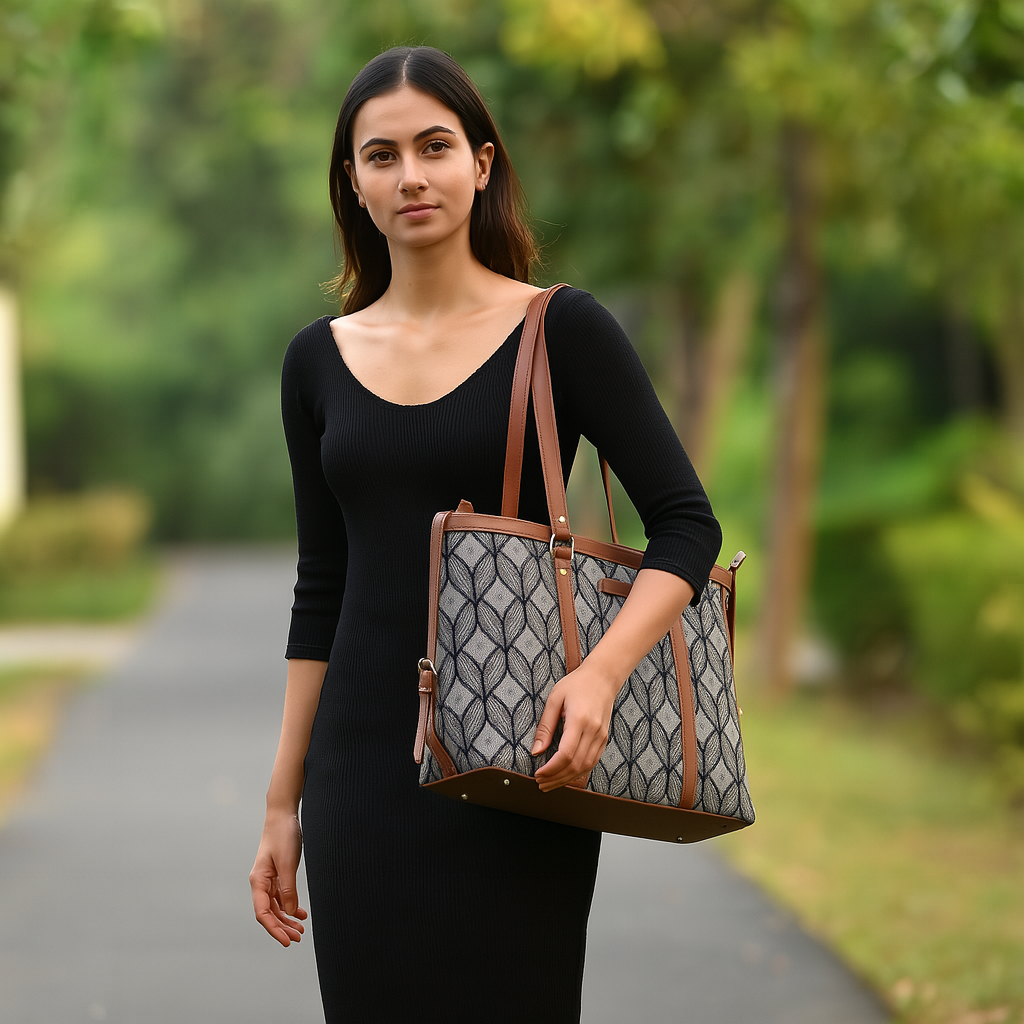 Monochrome Laptop Bag for Ladies – Elegant Handcrafted Printed Shoulder Tote for Office