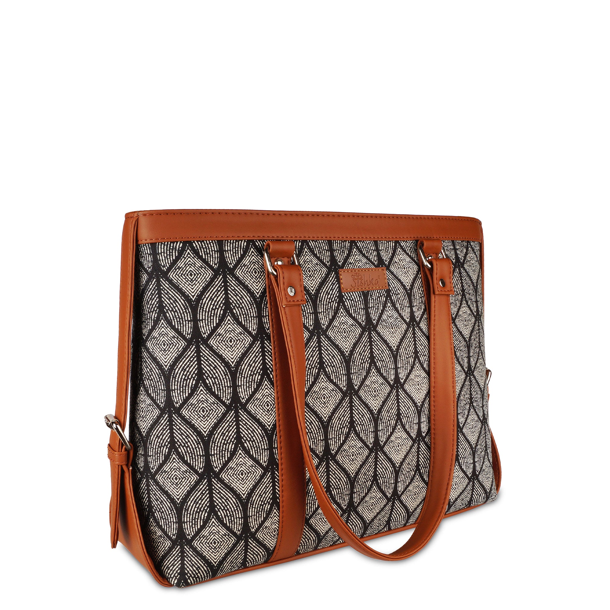 Monochrome Laptop Bag for Ladies – Elegant Handcrafted Printed Shoulder Tote for Office