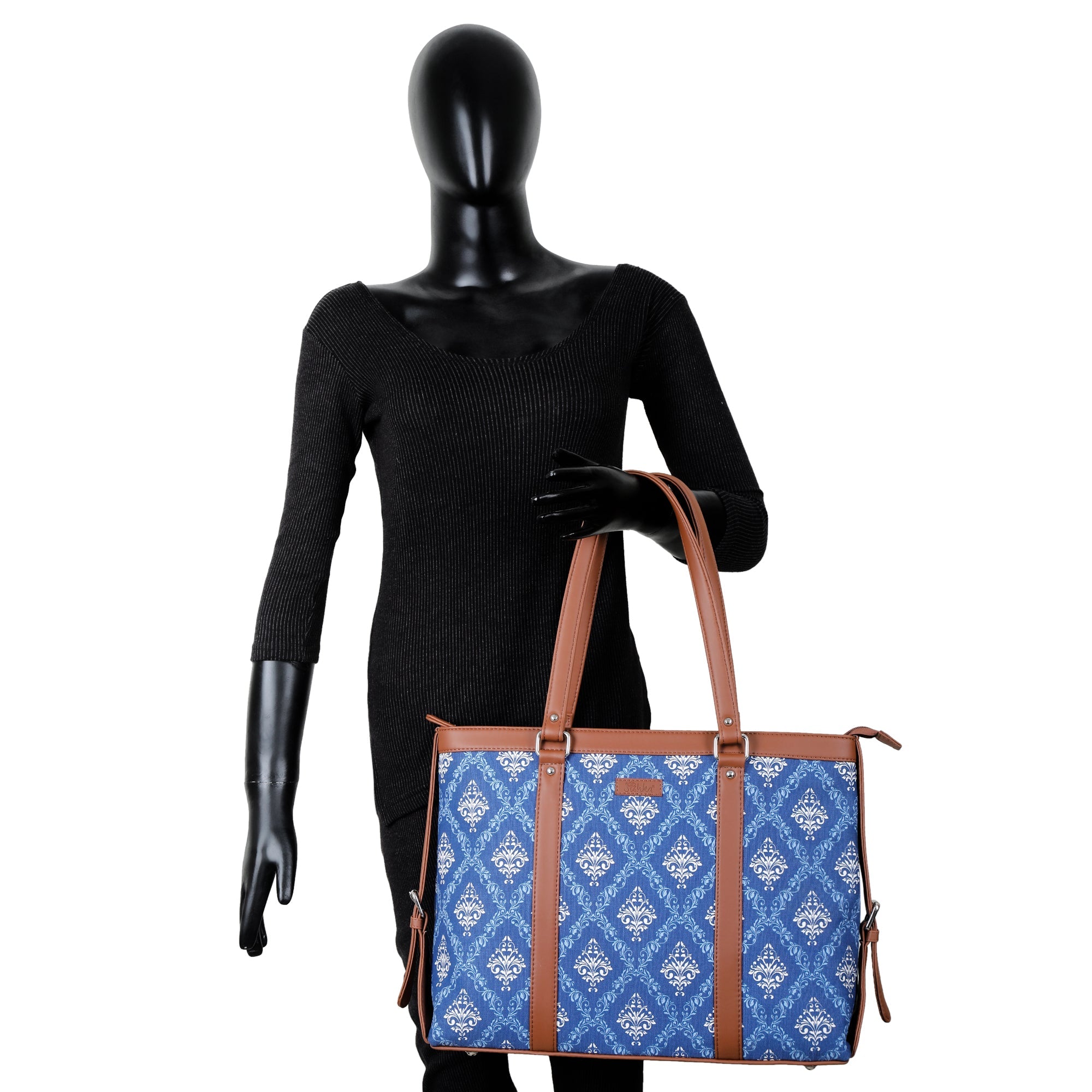 Blue Handcrafted Printed Laptop Bag for Women – Tote Satchel Purse for Work & Daily Use