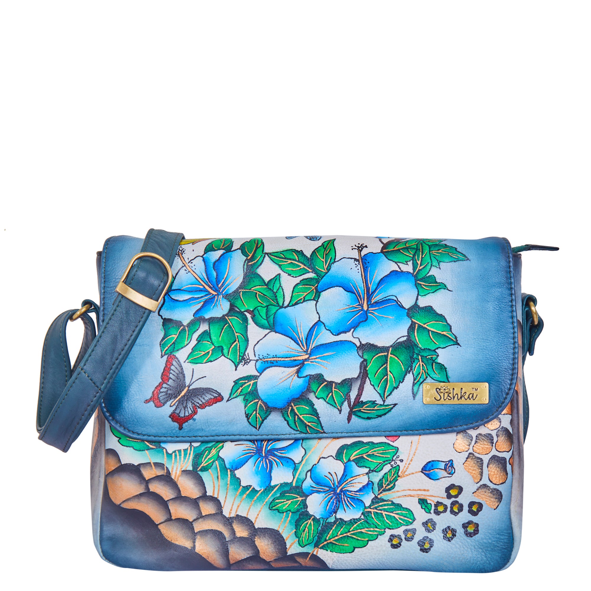 Women’s Floral Design Hand-Painted Leather Messenger Bag